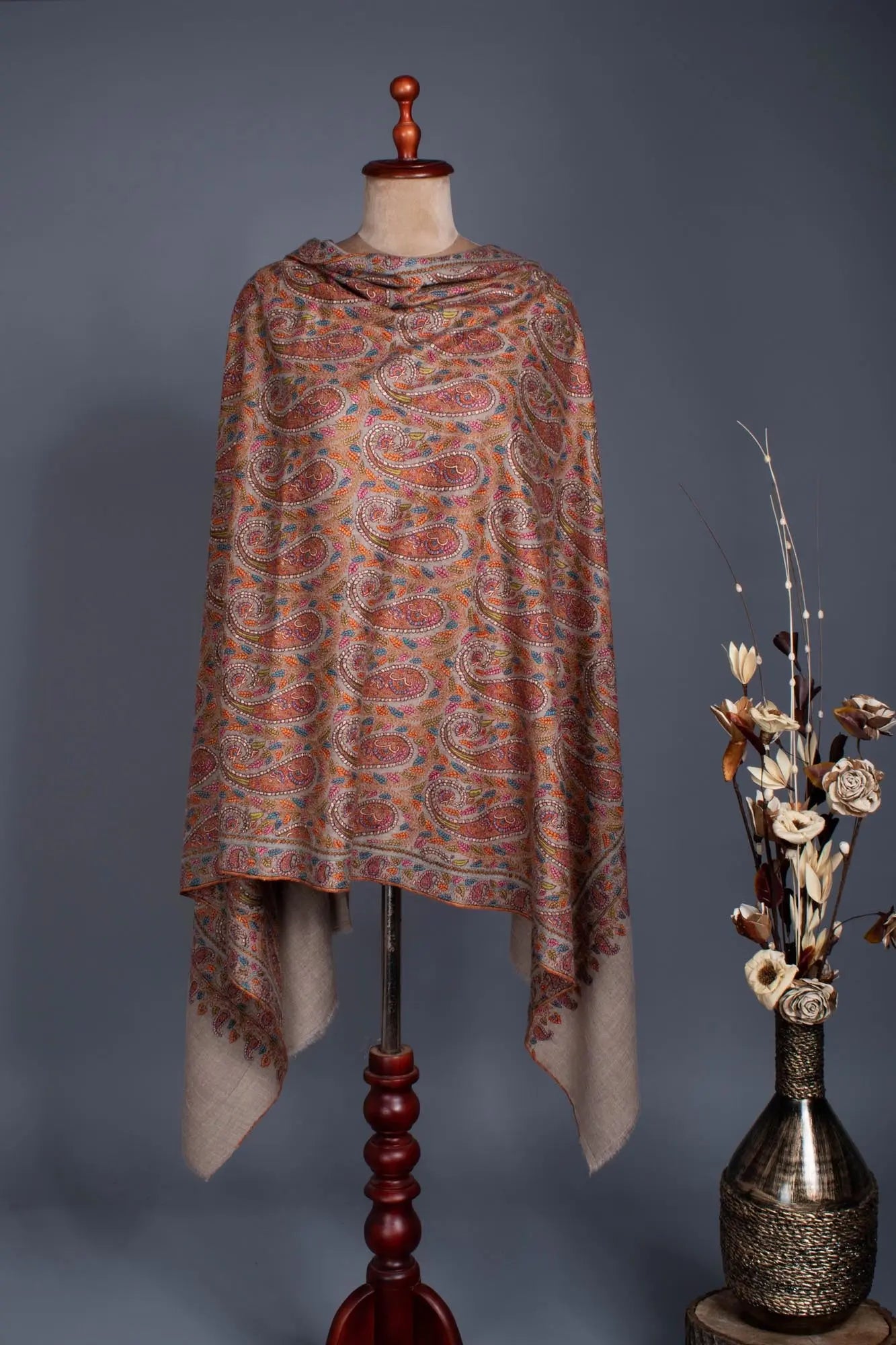 95 Paisley Authentic Beige Wedding Jamavar Shawl - KENNEDY Shahkaar