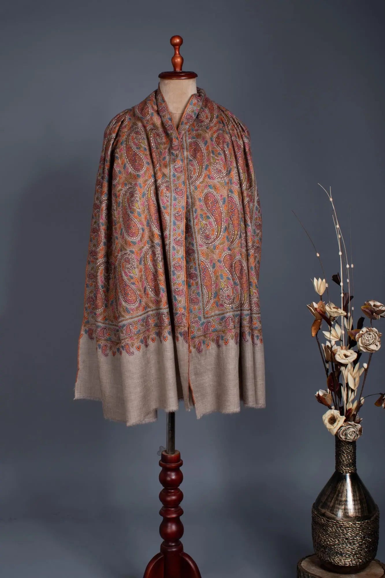 95 Paisley Authentic Beige Wedding Jamavar Shawl - KENNEDY Shahkaar