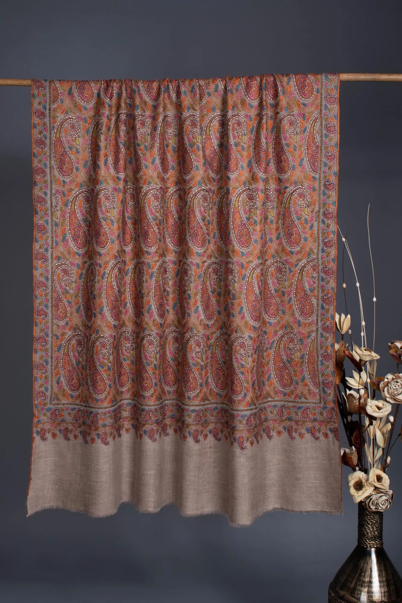 95 Paisley Authentic Beige Wedding Jamavar Shawl - KENNEDY Shahkaar