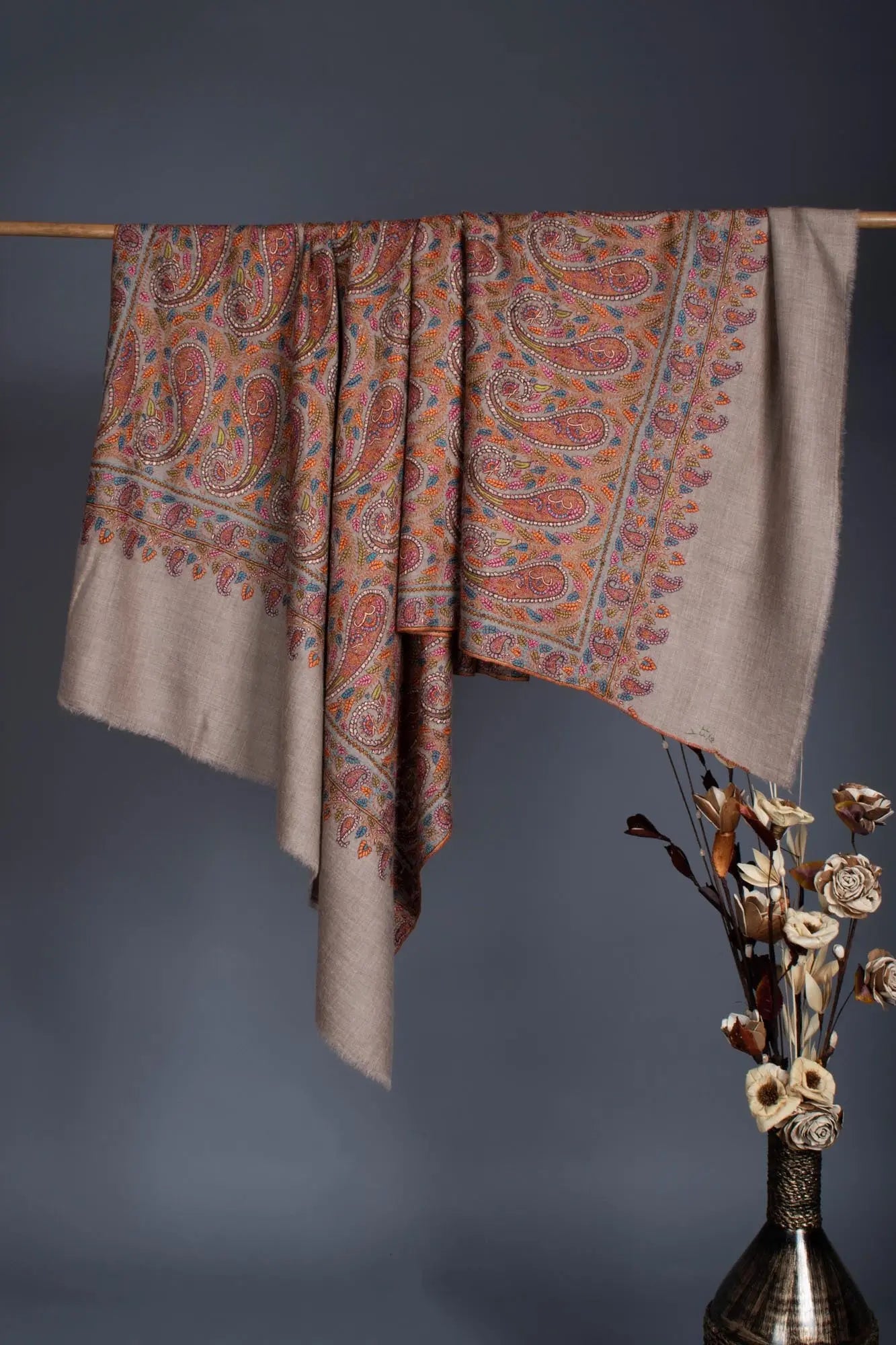 95 Paisley Authentic Beige Wedding Jamavar Shawl - KENNEDY Shahkaar