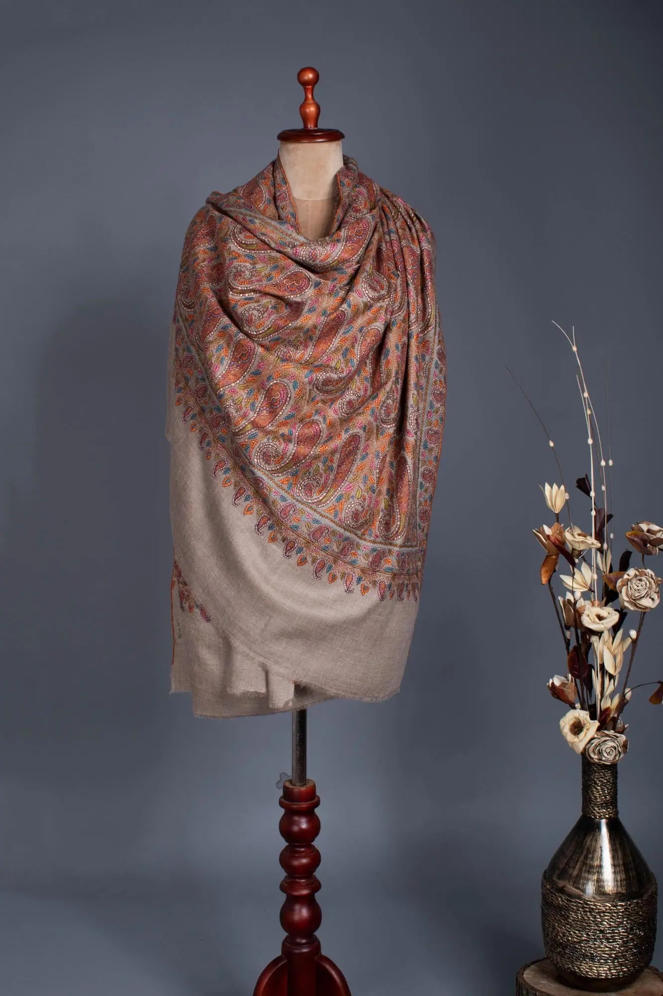 95 Paisley Authentic Beige Wedding Jamavar Shawl - KENNEDY Shahkaar