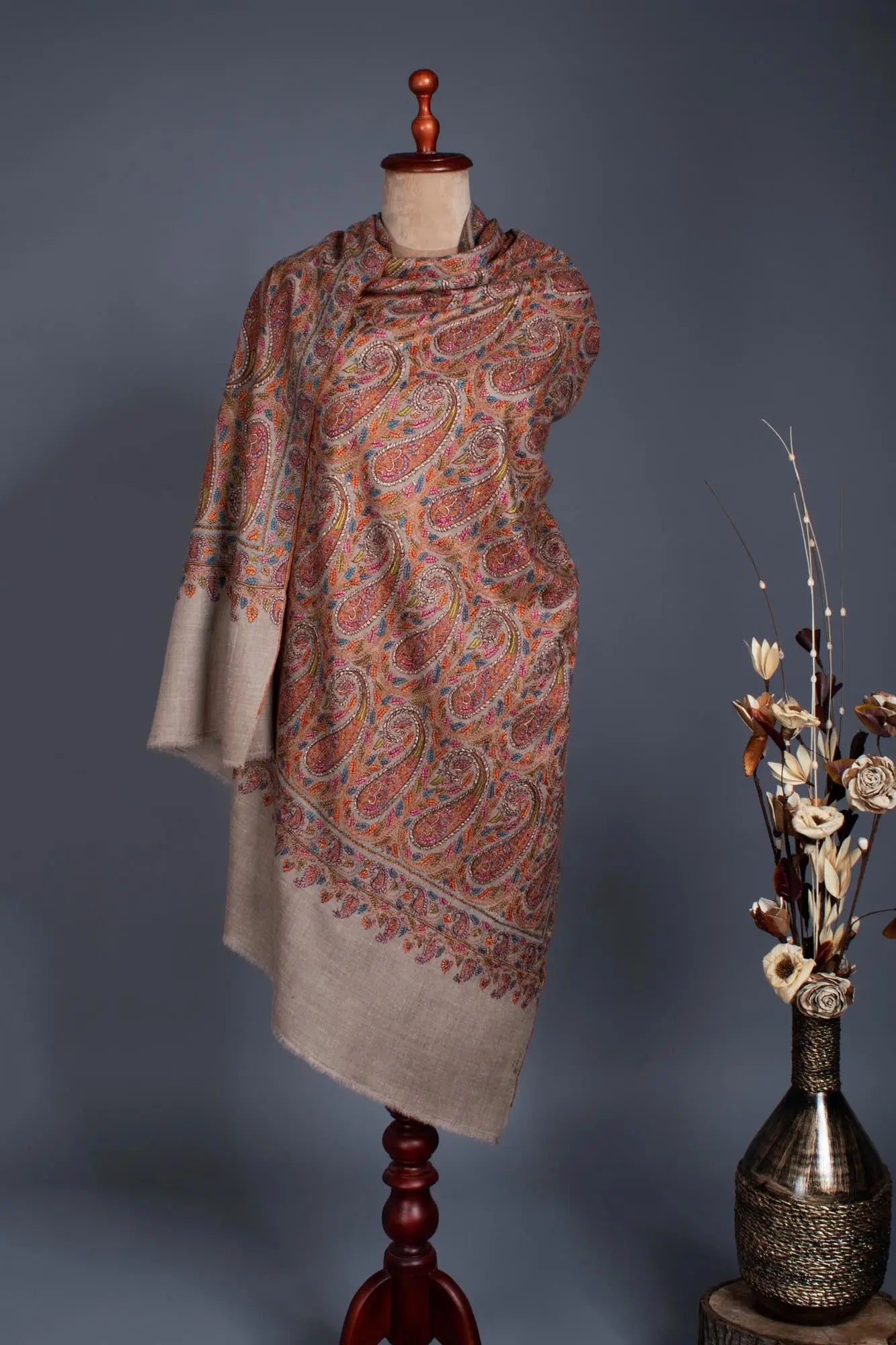 95 Paisley Authentic Beige Wedding Jamavar Shawl - KENNEDY Shahkaar