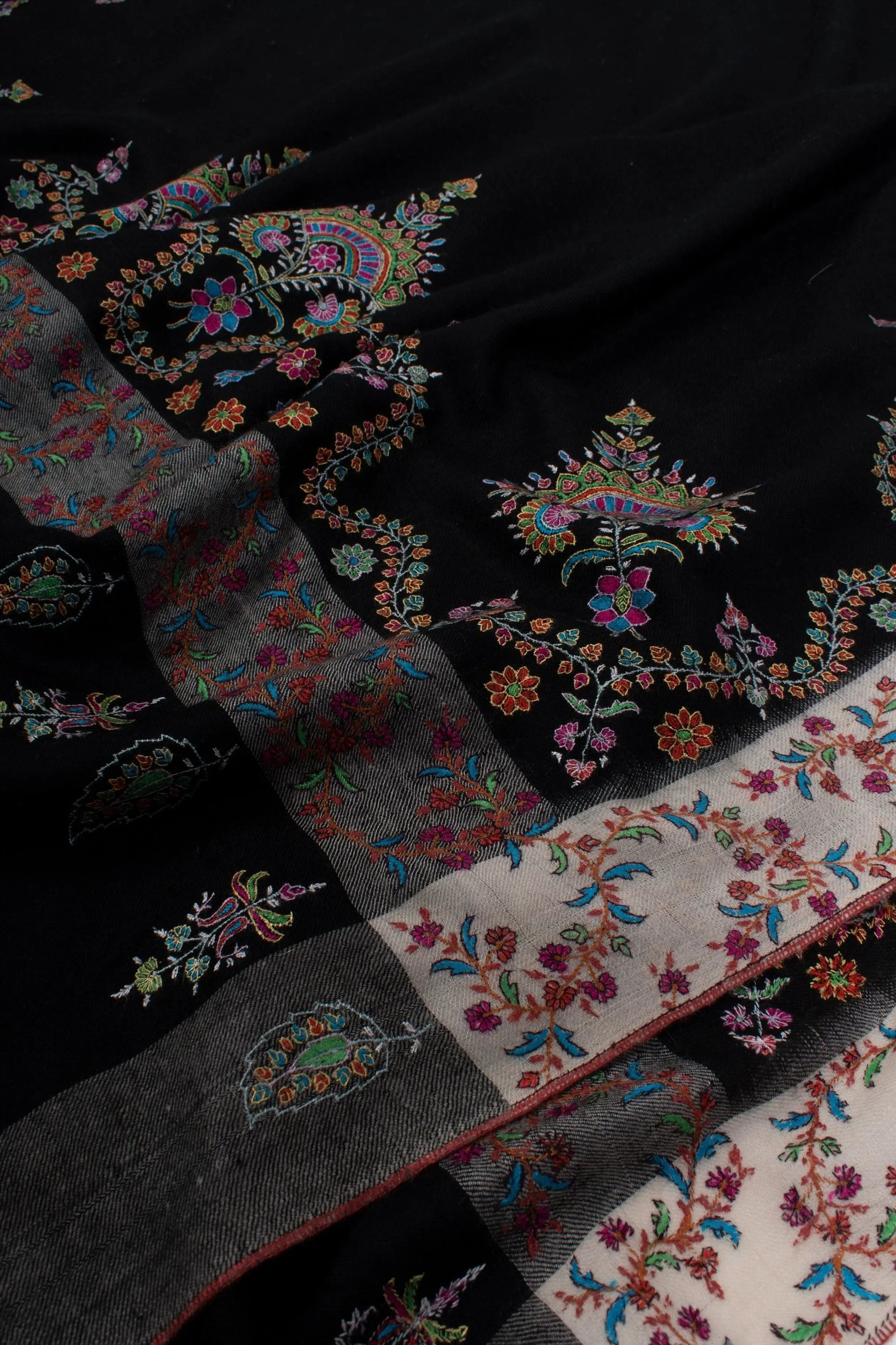 A One-of-a-Kind Handmade Kashmiri Shawl: Elegant Black & White Cashmere Shawl with Garden Embroidery Motifs 40x80" - JAY Shahkaar