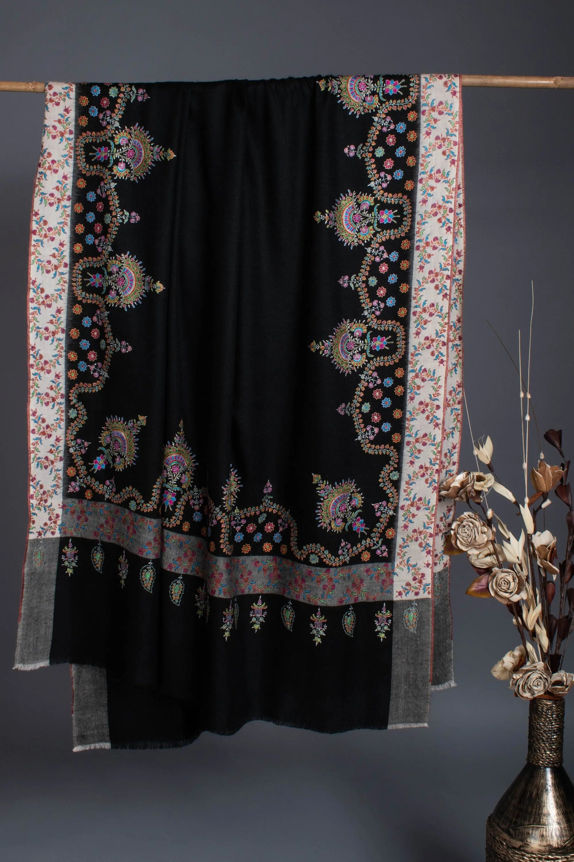 A One-of-a-Kind Handmade Kashmiri Shawl: Elegant Black & White Cashmere Shawl with Garden Embroidery Motifs 40x80" - JAY Shahkaar