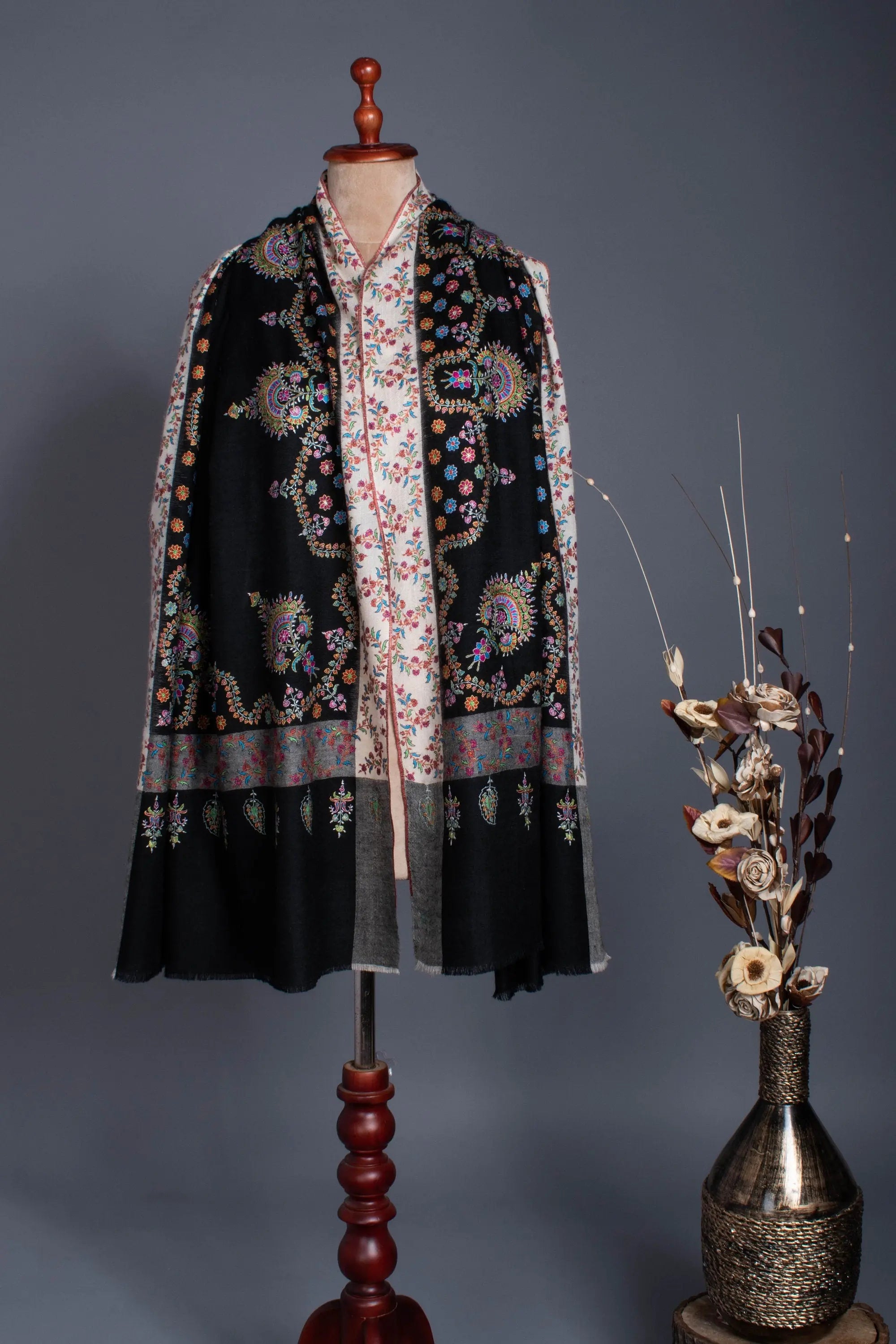 A One-of-a-Kind Handmade Kashmiri Shawl: Elegant Black & White Cashmere Shawl with Garden Embroidery Motifs 40x80" - JAY Shahkaar