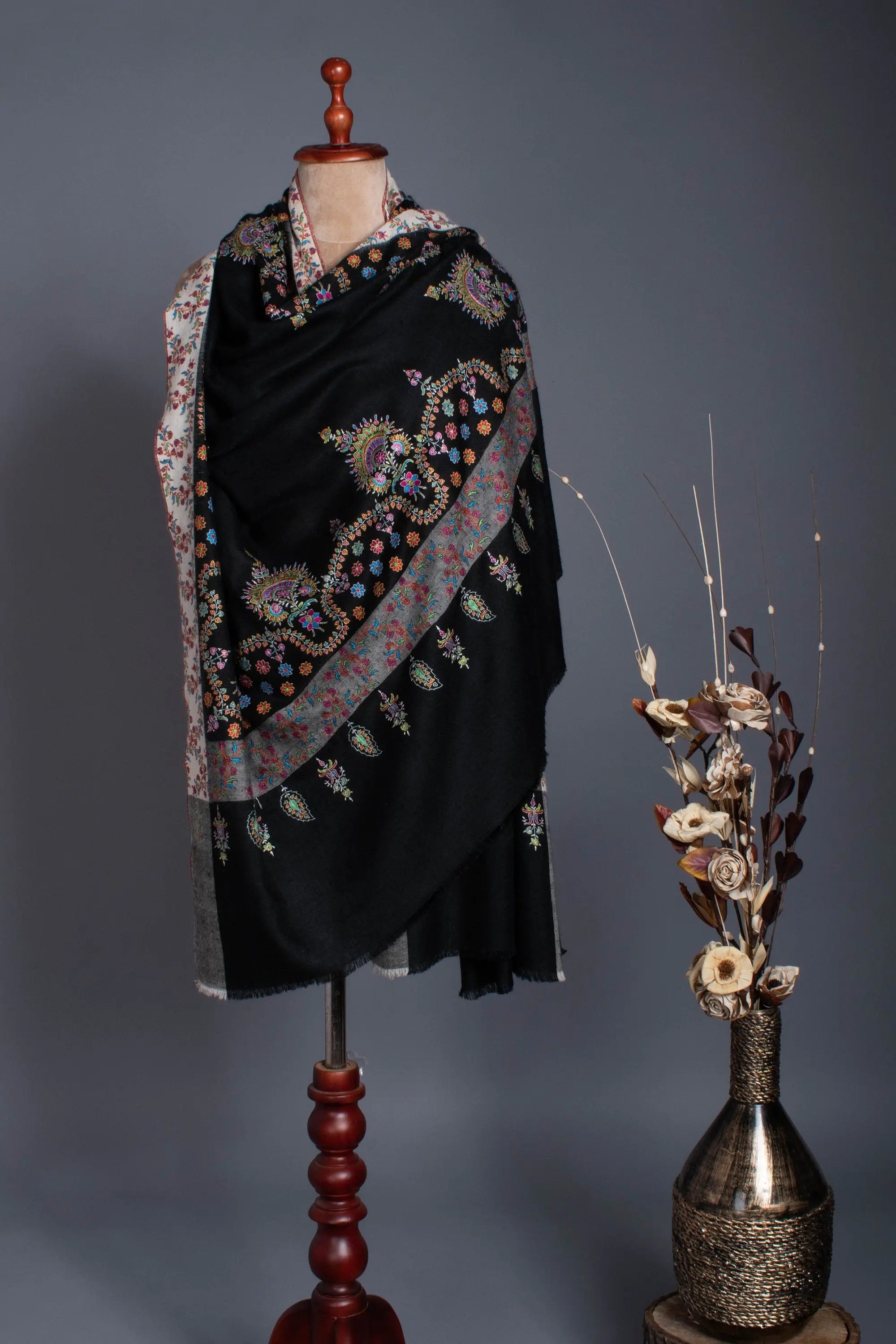 A One-of-a-Kind Handmade Kashmiri Shawl: Elegant Black & White Cashmere Shawl with Garden Embroidery Motifs 40x80" - JAY Shahkaar