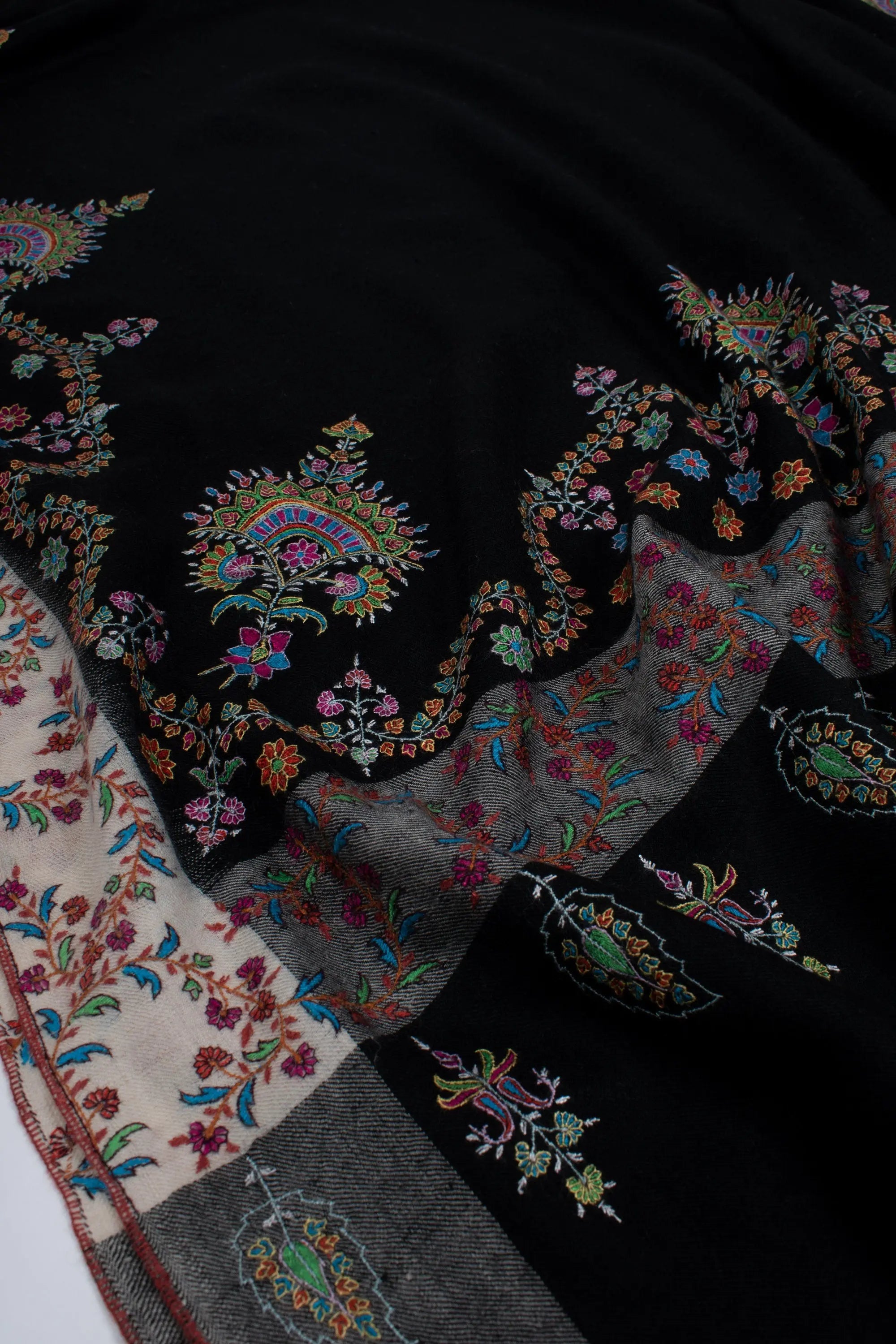 A One-of-a-Kind Handmade Kashmiri Shawl: Elegant Black & White Cashmere Shawl with Garden Embroidery Motifs 40x80" - JAY Shahkaar