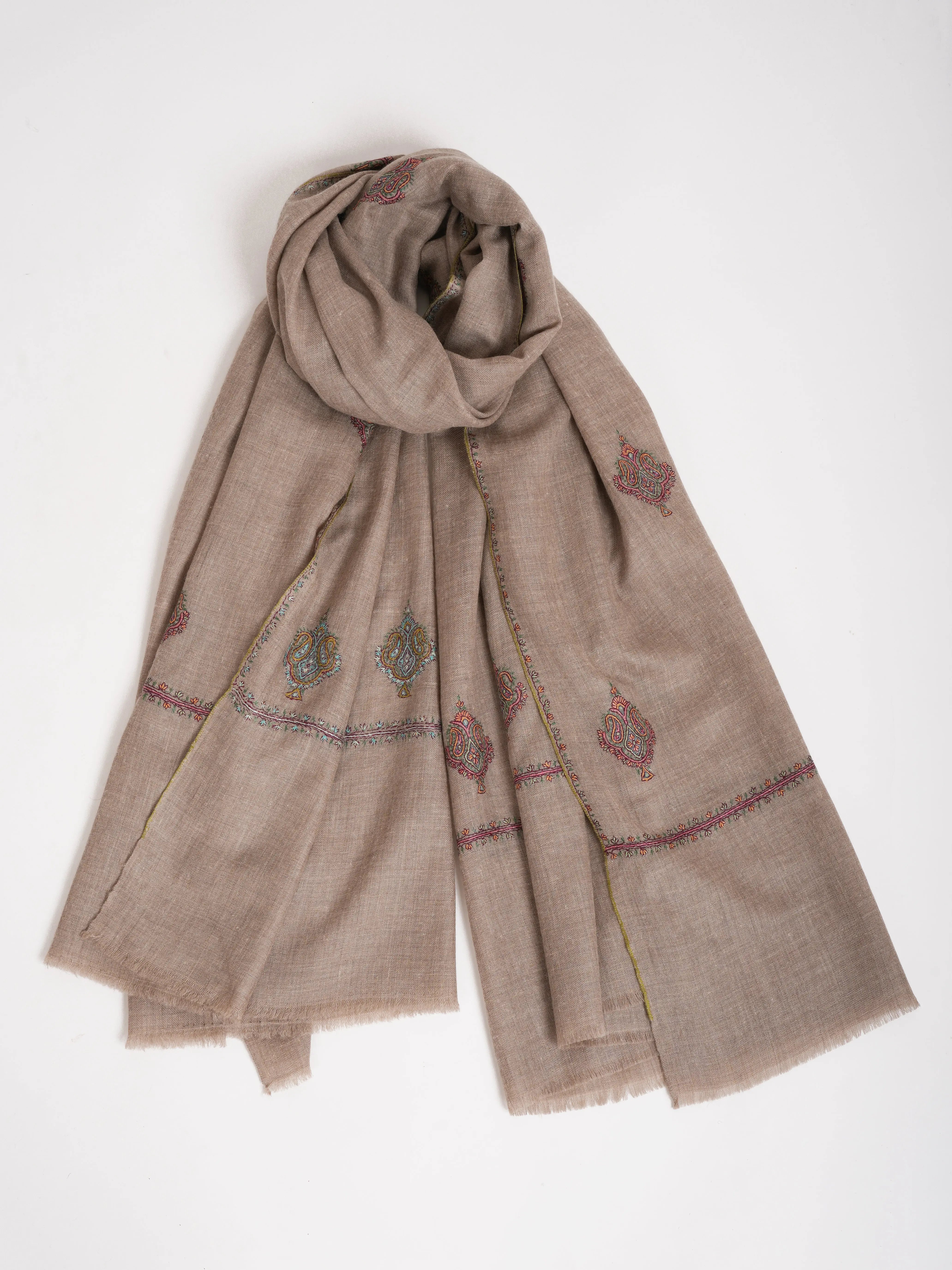 Aksi Embroidered Beautiful Indian Pashmina Shawl In Natural Grey Shahkaar