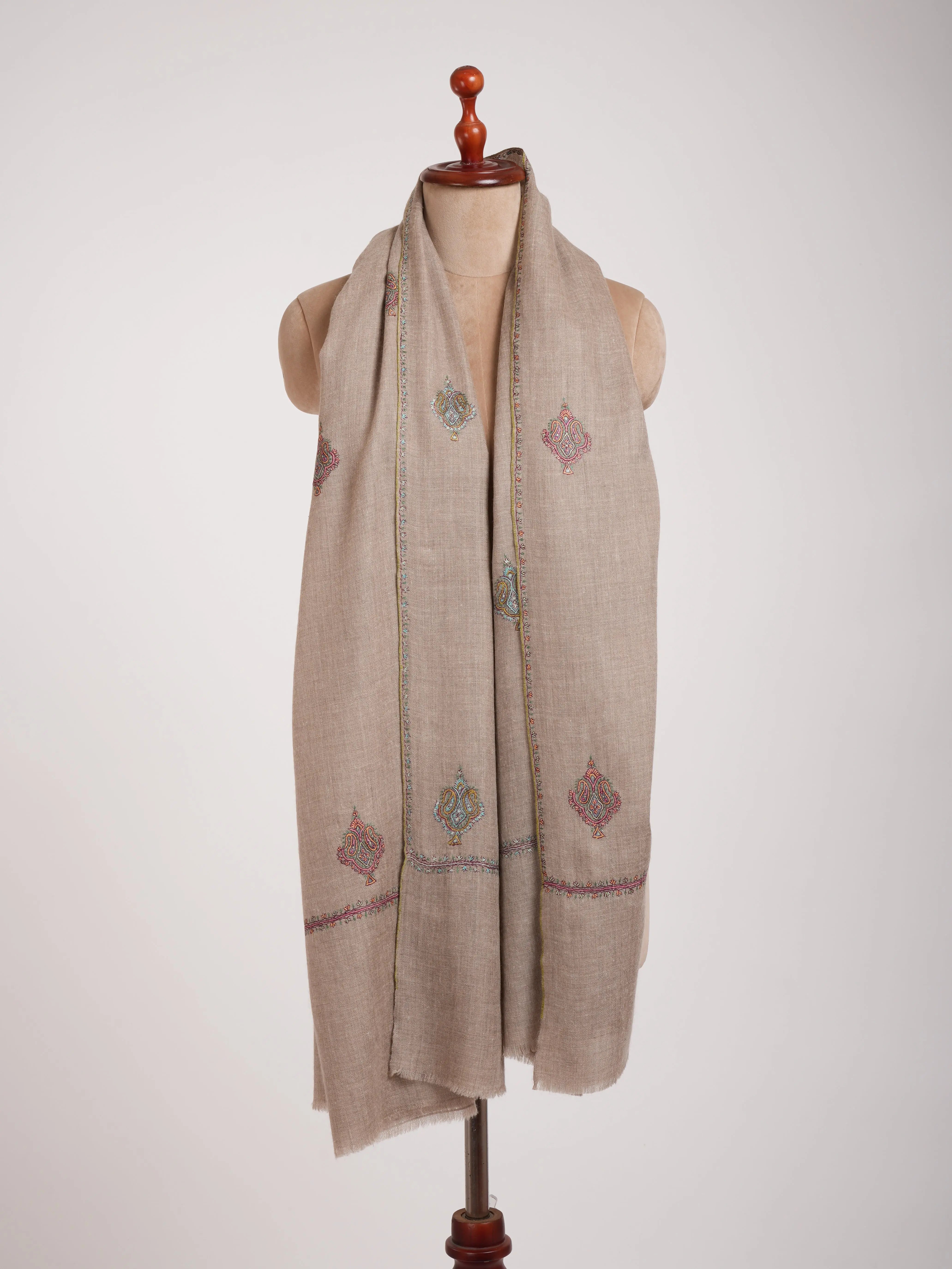 Aksi Embroidered Beautiful Indian Pashmina Shawl In Natural Grey Shahkaar