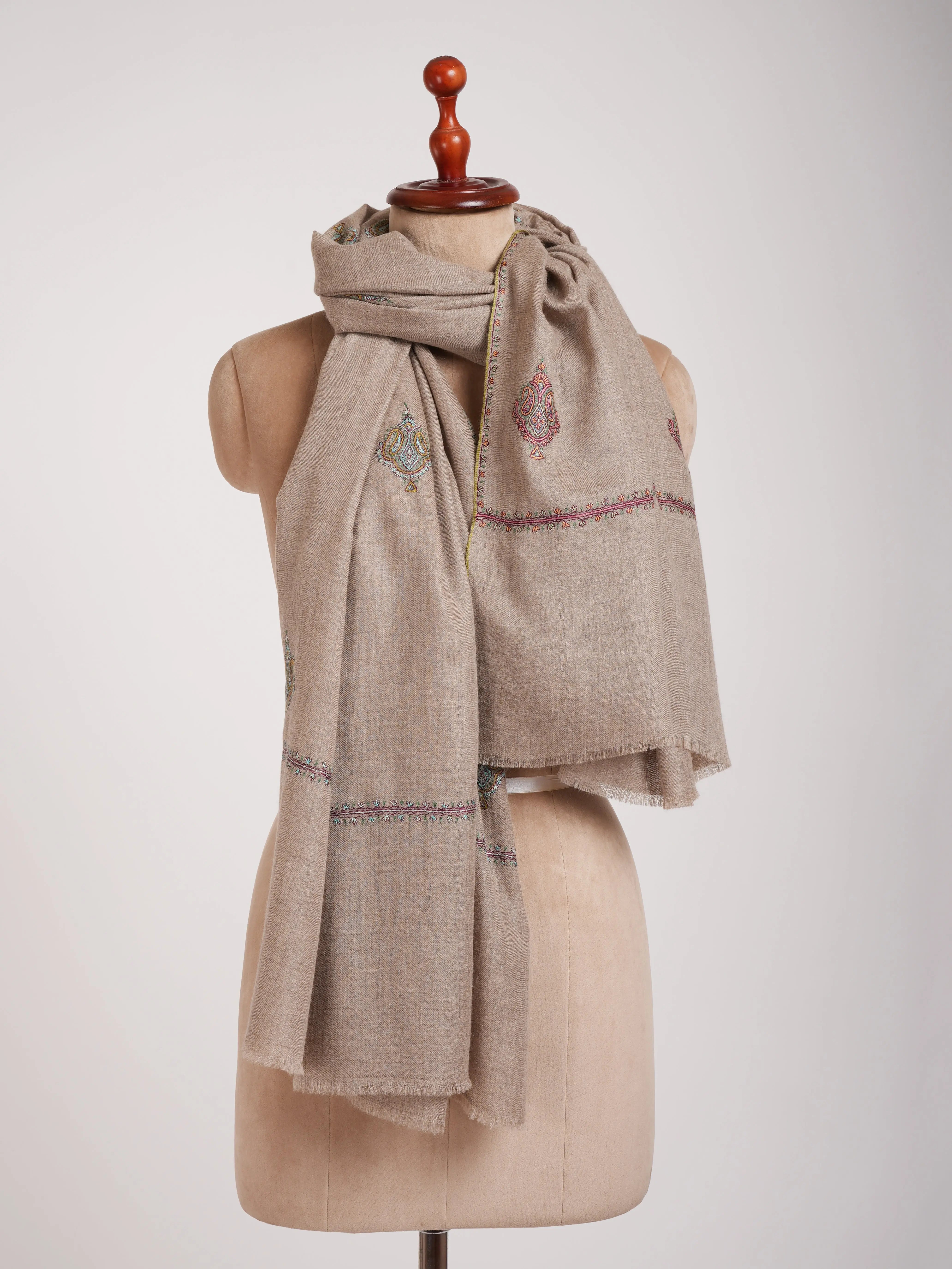Aksi Embroidered Beautiful Indian Pashmina Shawl In Natural Grey Shahkaar
