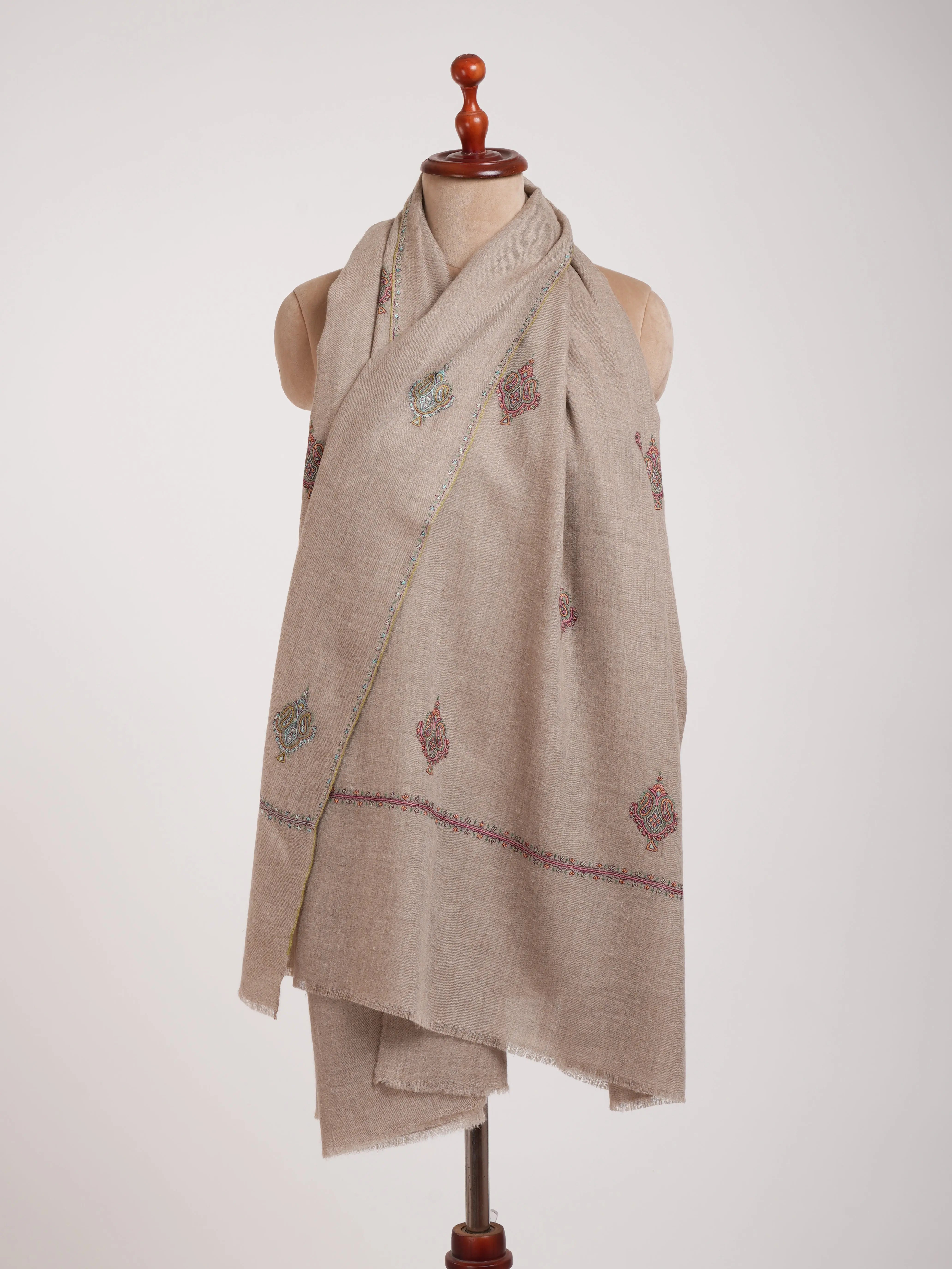 Aksi Embroidered Beautiful Indian Pashmina Shawl In Natural Grey Shahkaar