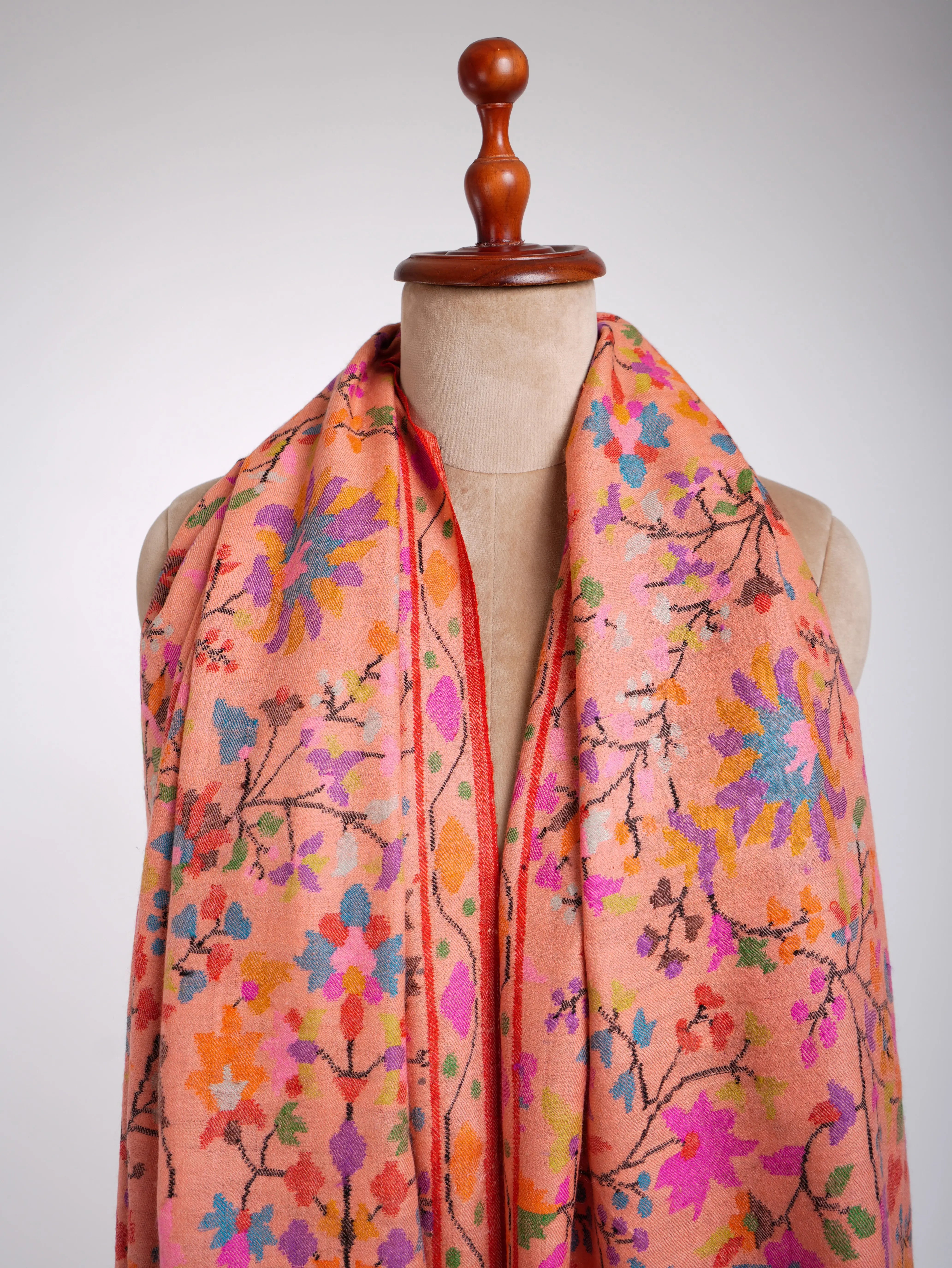 Alluring Peach Kani Weave Cashmere Shawl Shahkaar