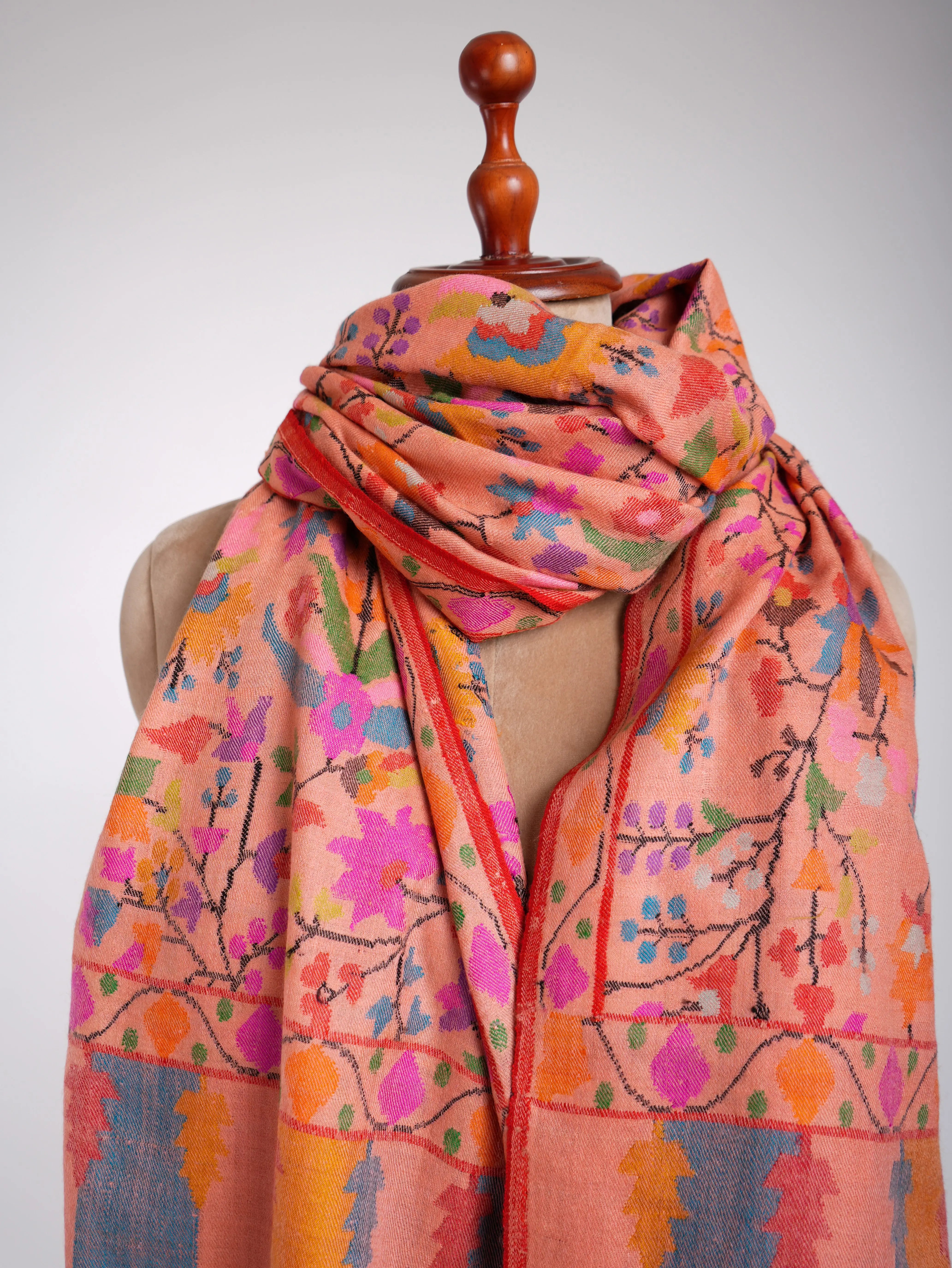 Alluring Peach Kani Weave Cashmere Shawl Shahkaar