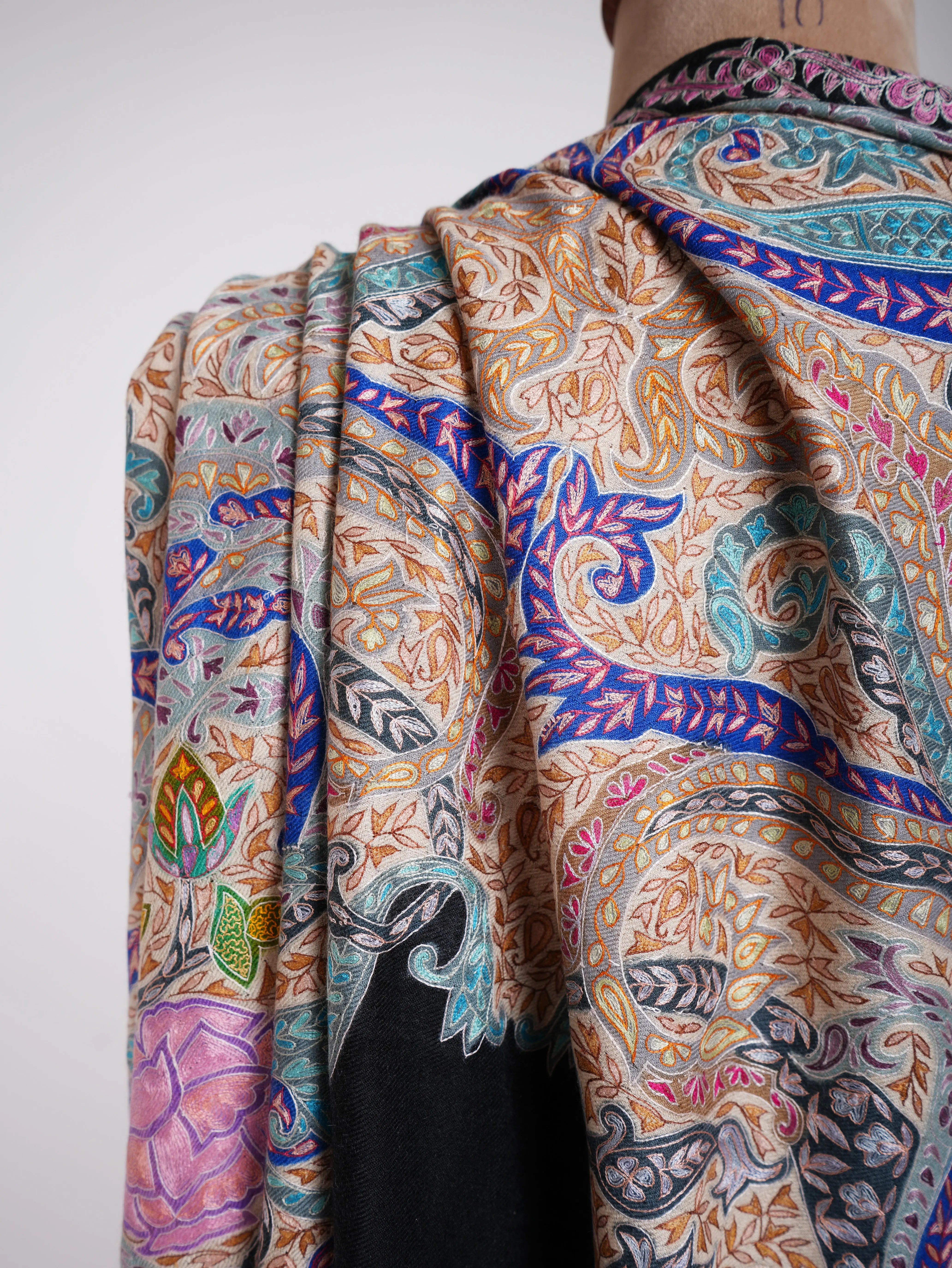 Art Silk Hand Embroidered Kalamkari Pashmina Shawl Shahkaar