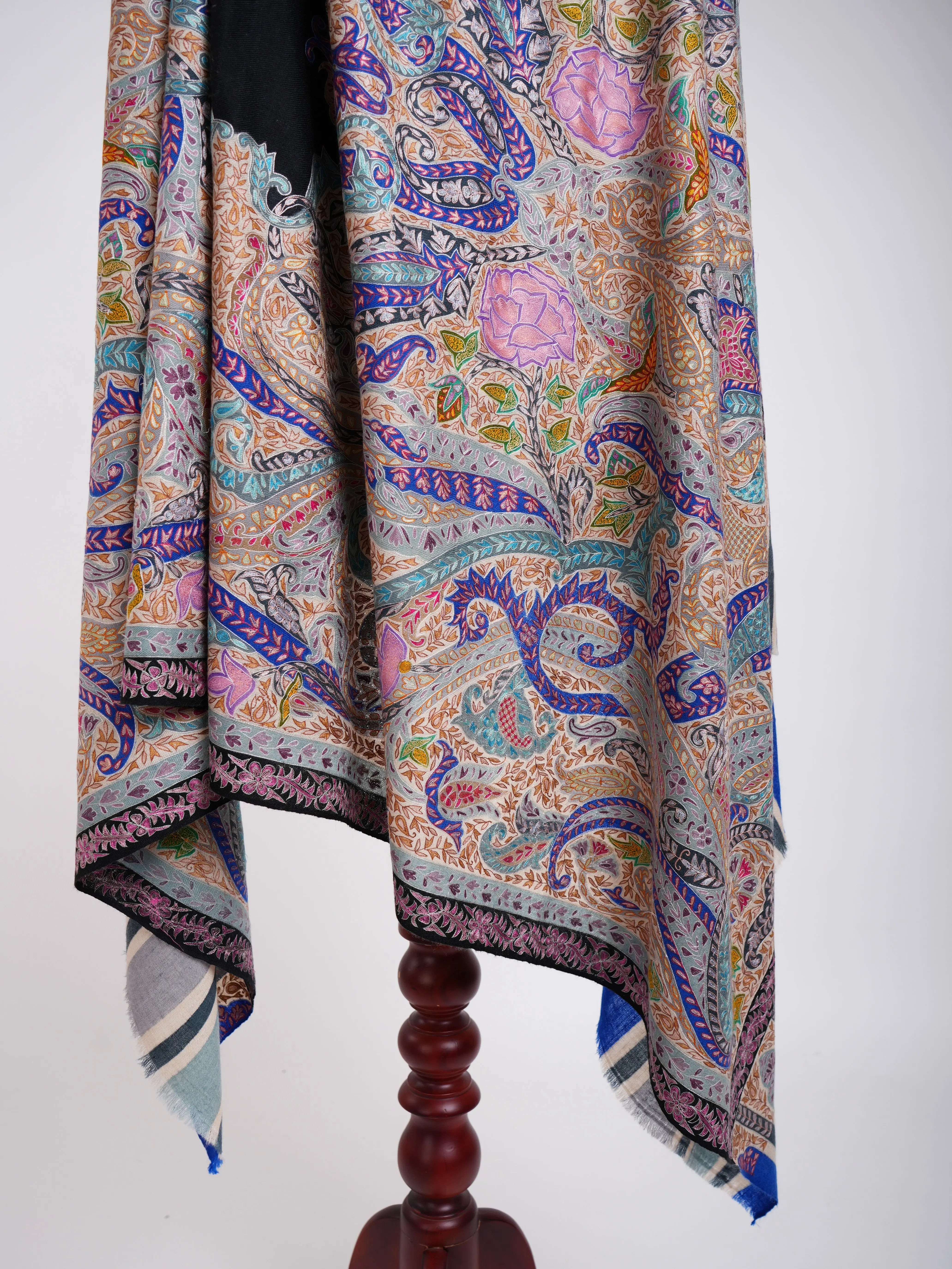 Art Silk Hand Embroidered Kalamkari Pashmina Shawl Shahkaar