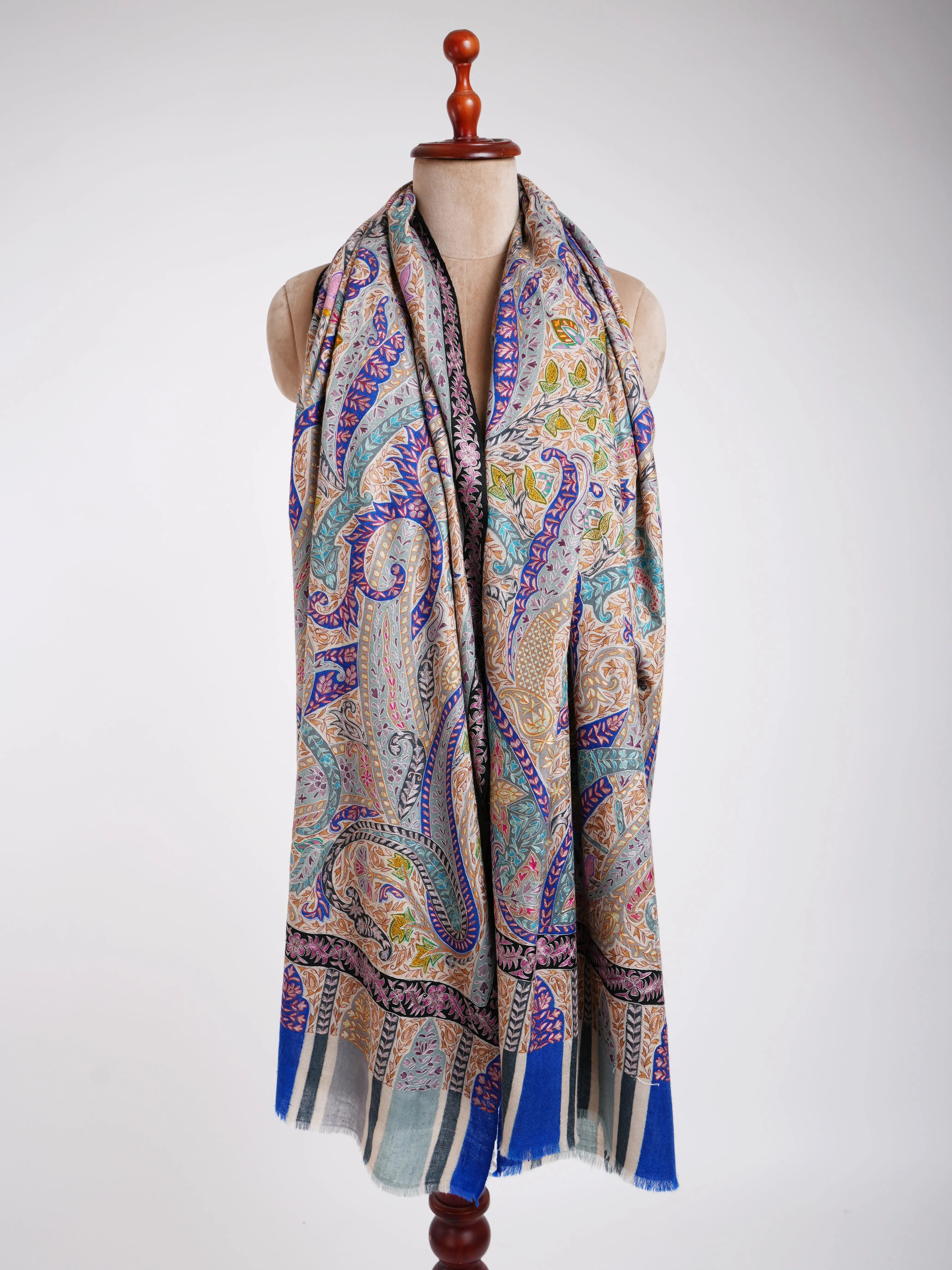 Art Silk Hand Embroidered Kalamkari Pashmina Shawl Shahkaar