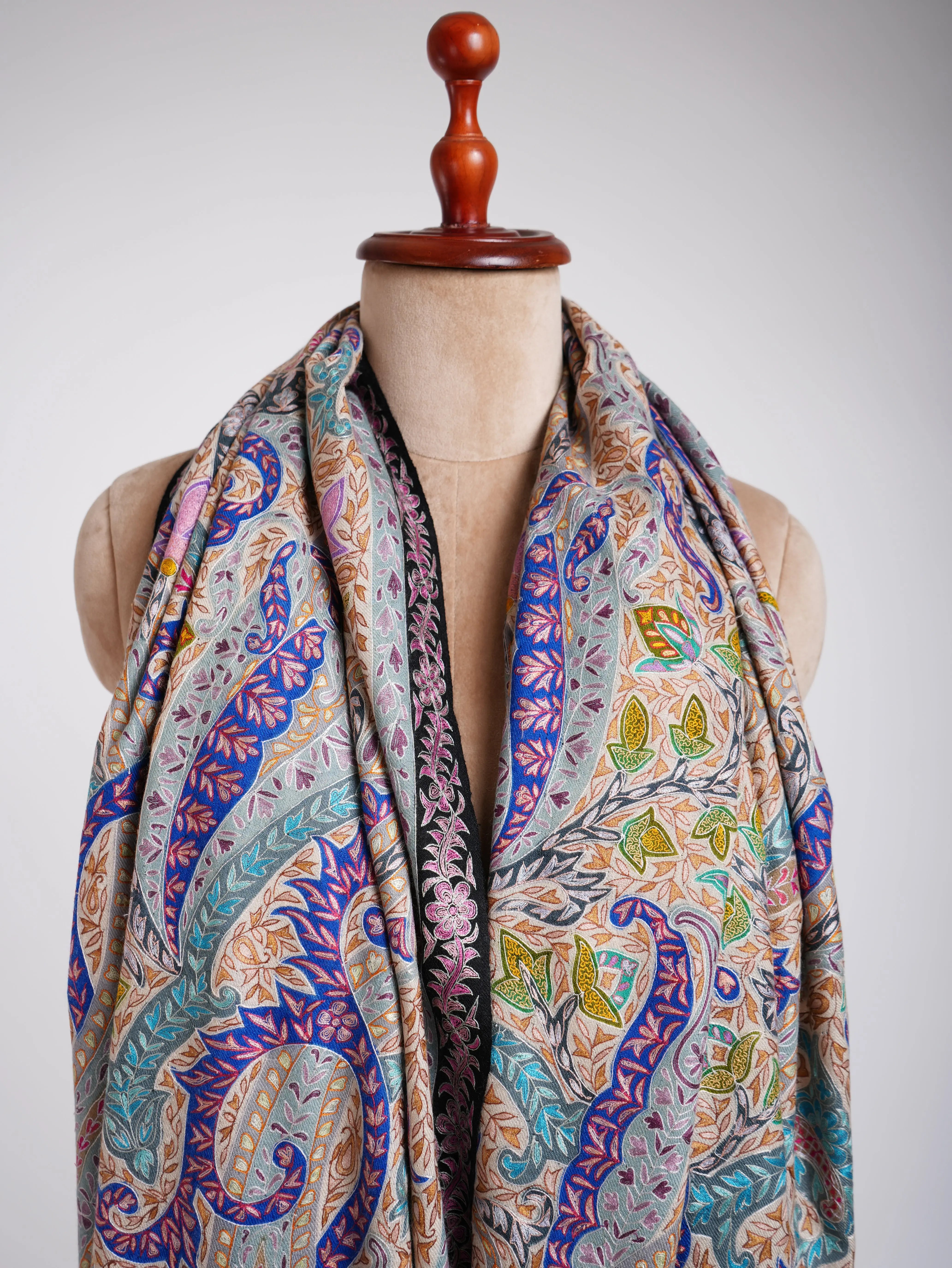 Art Silk Hand Embroidered Kalamkari Pashmina Shawl Shahkaar