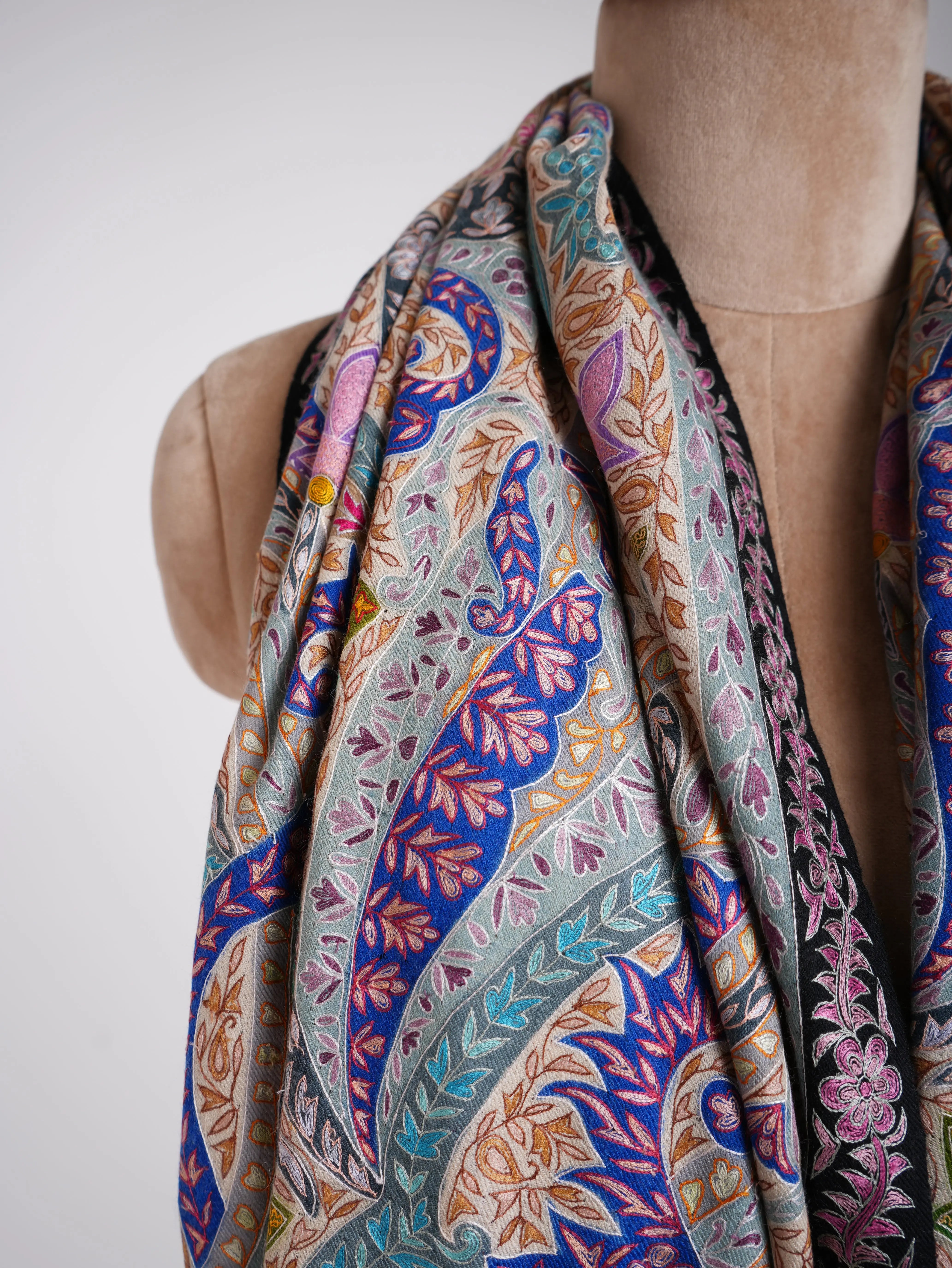 Art Silk Hand Embroidered Kalamkari Pashmina Shawl Shahkaar