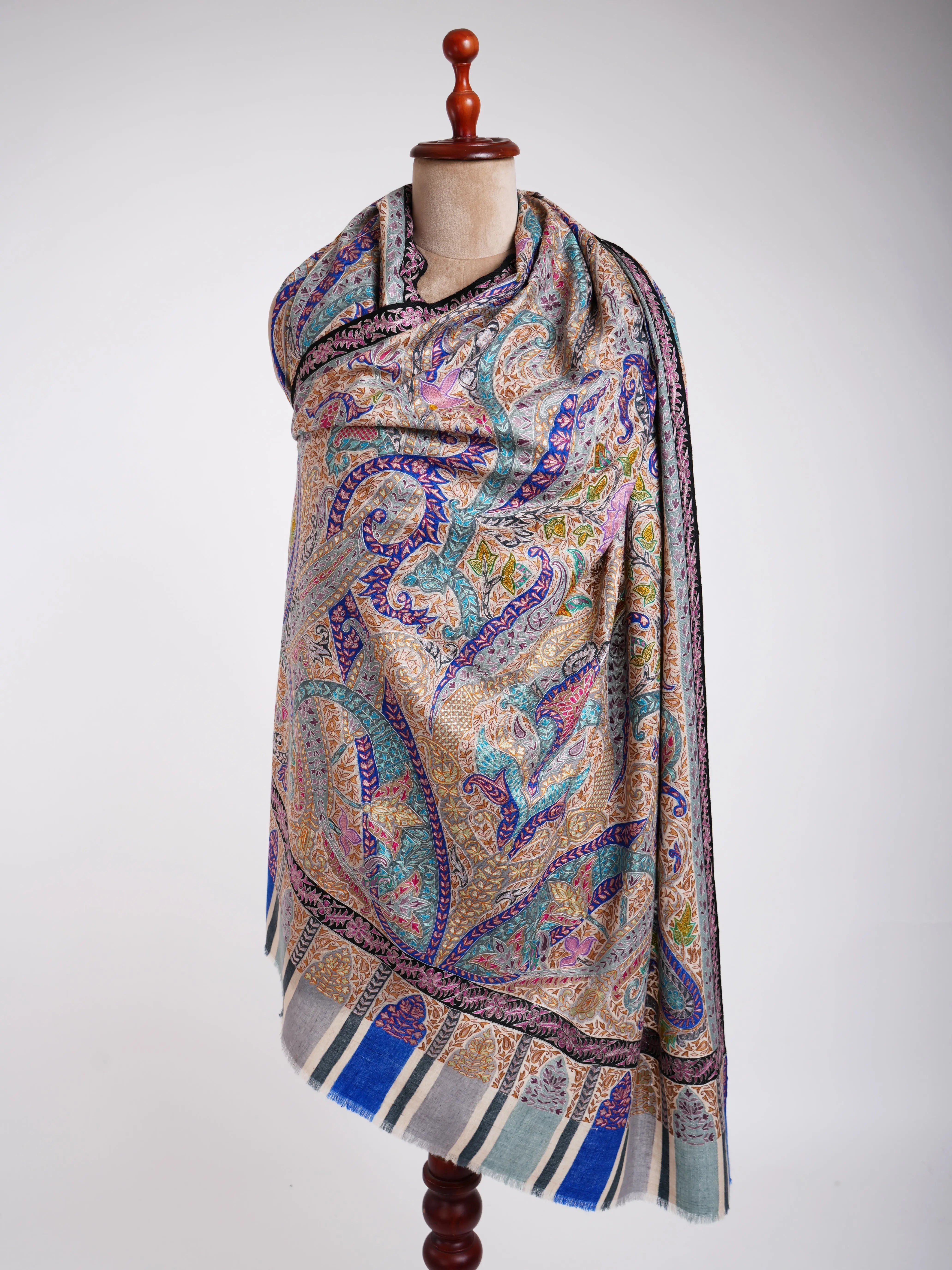 Art Silk Hand Embroidered Kalamkari Pashmina Shawl Shahkaar