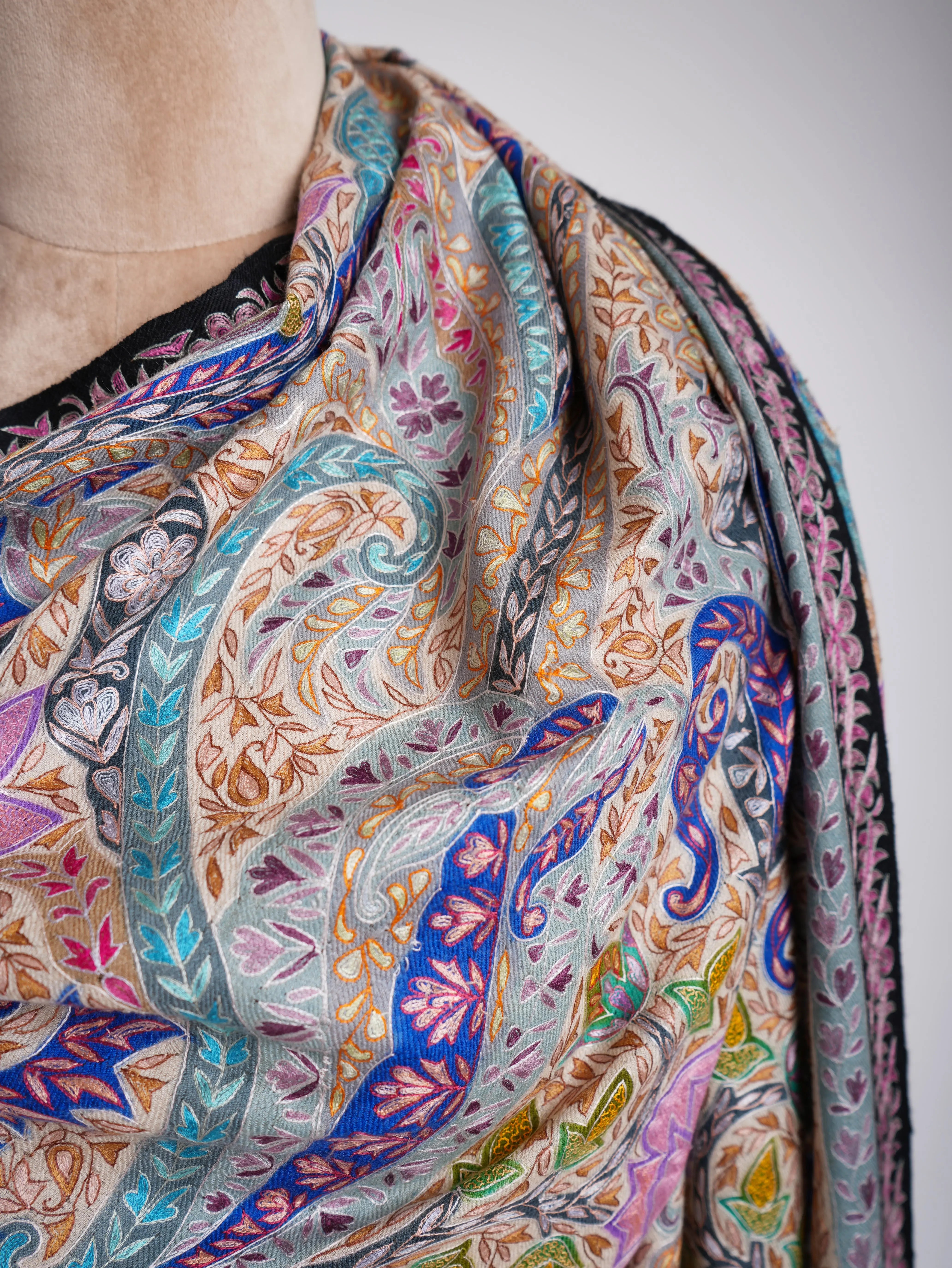 Art Silk Hand Embroidered Kalamkari Pashmina Shawl Shahkaar
