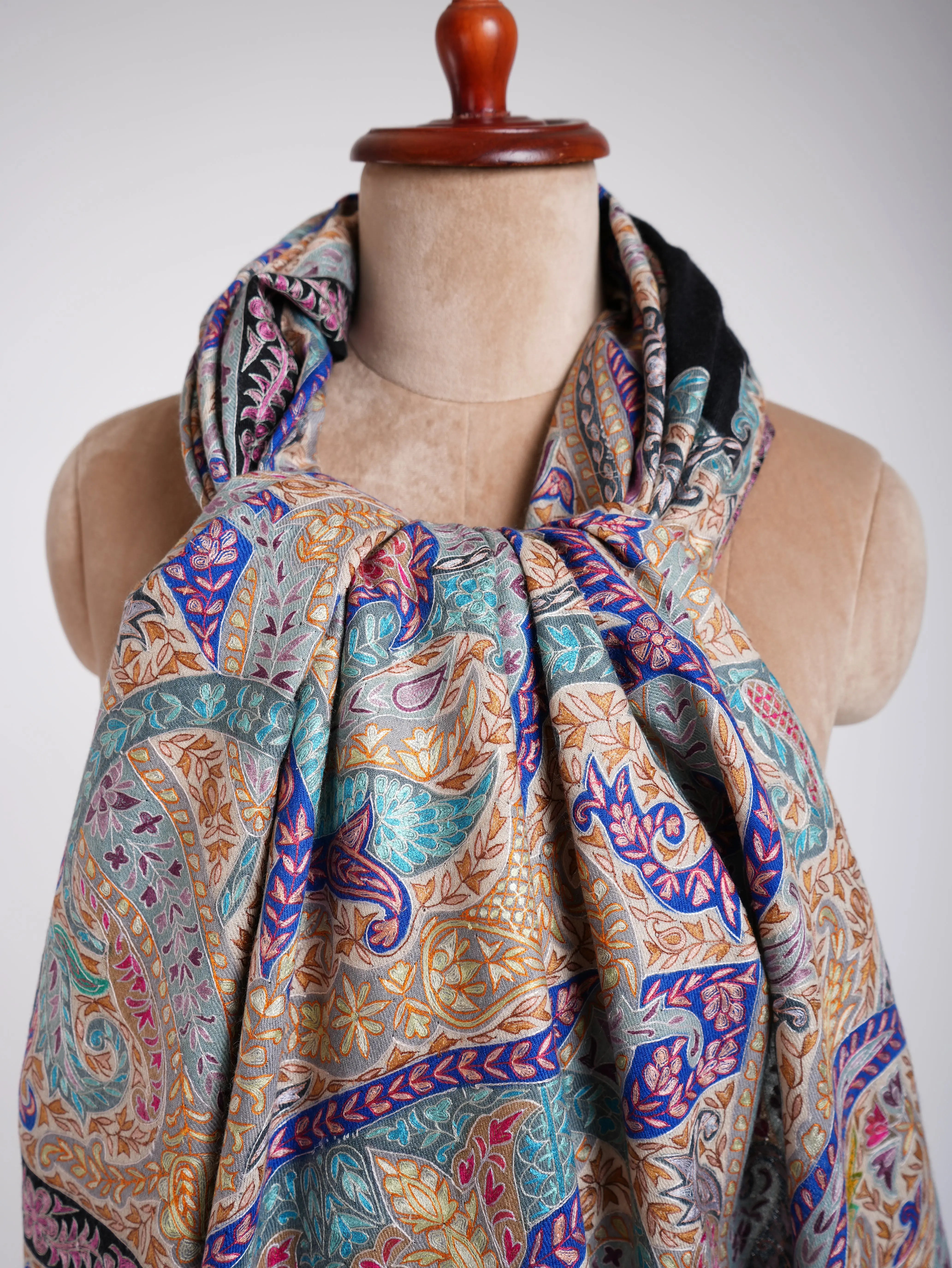 Art Silk Hand Embroidered Kalamkari Pashmina Shawl Shahkaar