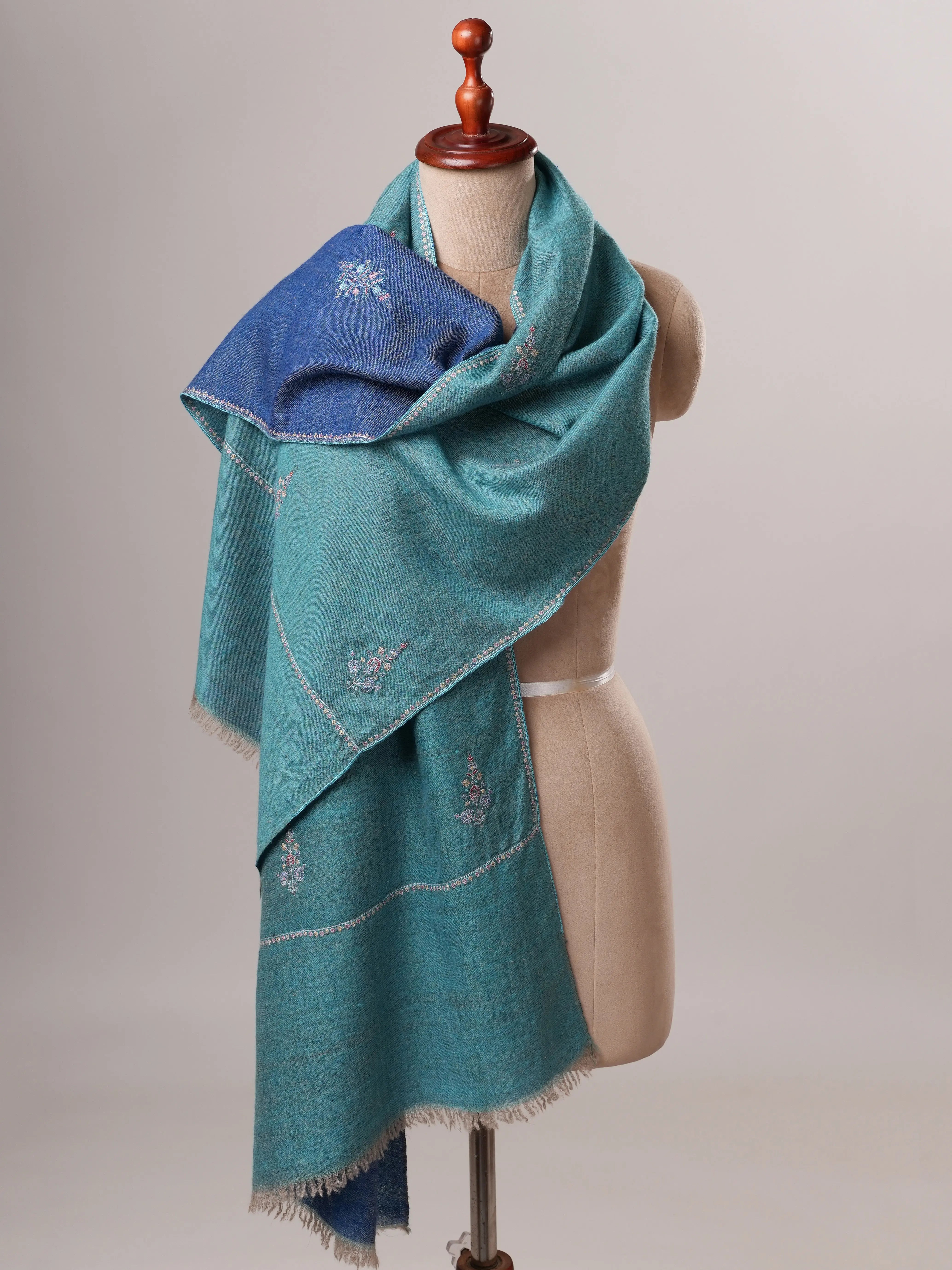 Artisan Crafted Dark Blue and Turquoise Cashmere Scarf with Hand-Embroidered Buteh Shahkaar