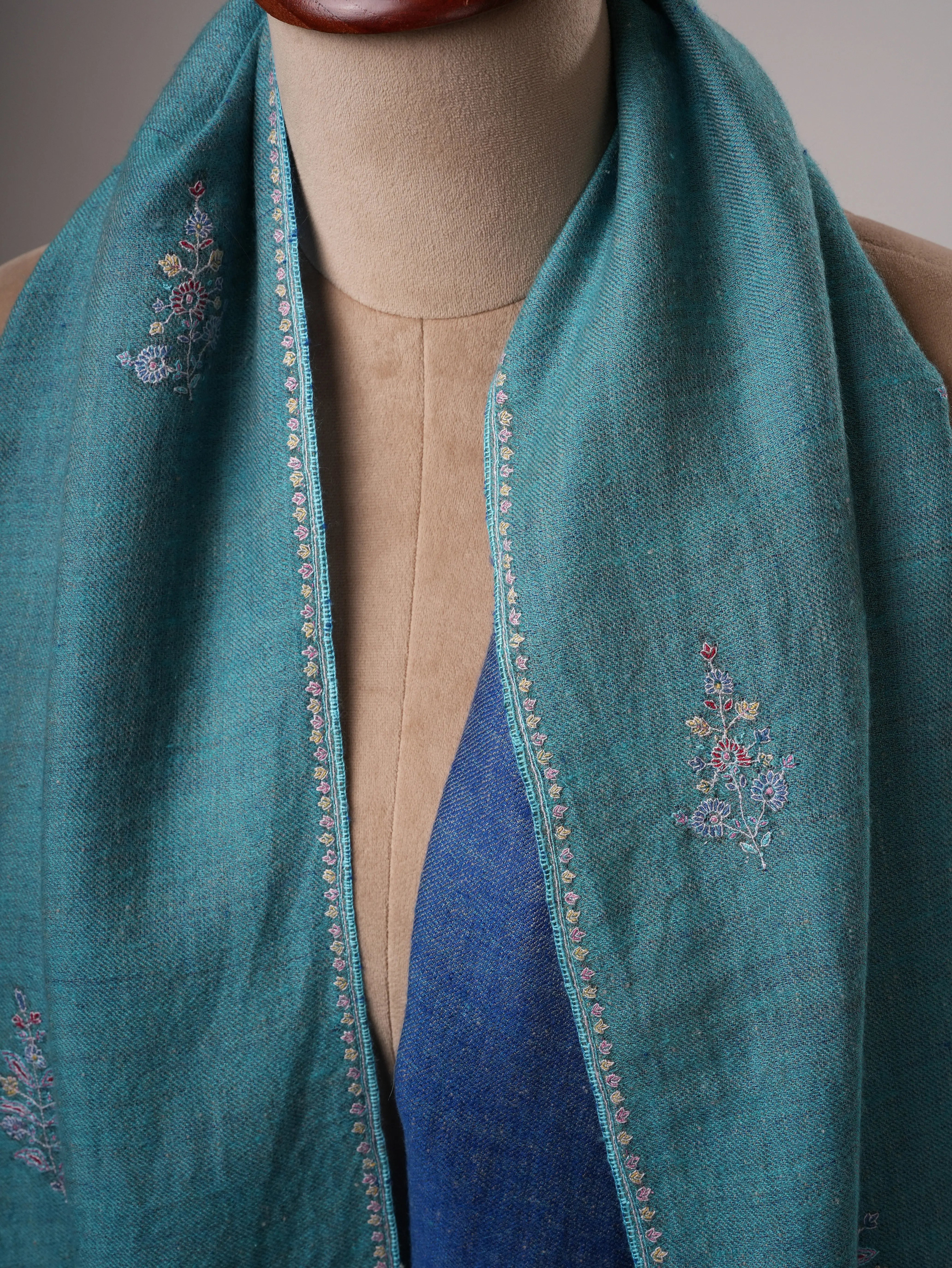 Artisan Crafted Dark Blue and Turquoise Cashmere Scarf with Hand-Embroidered Buteh Shahkaar