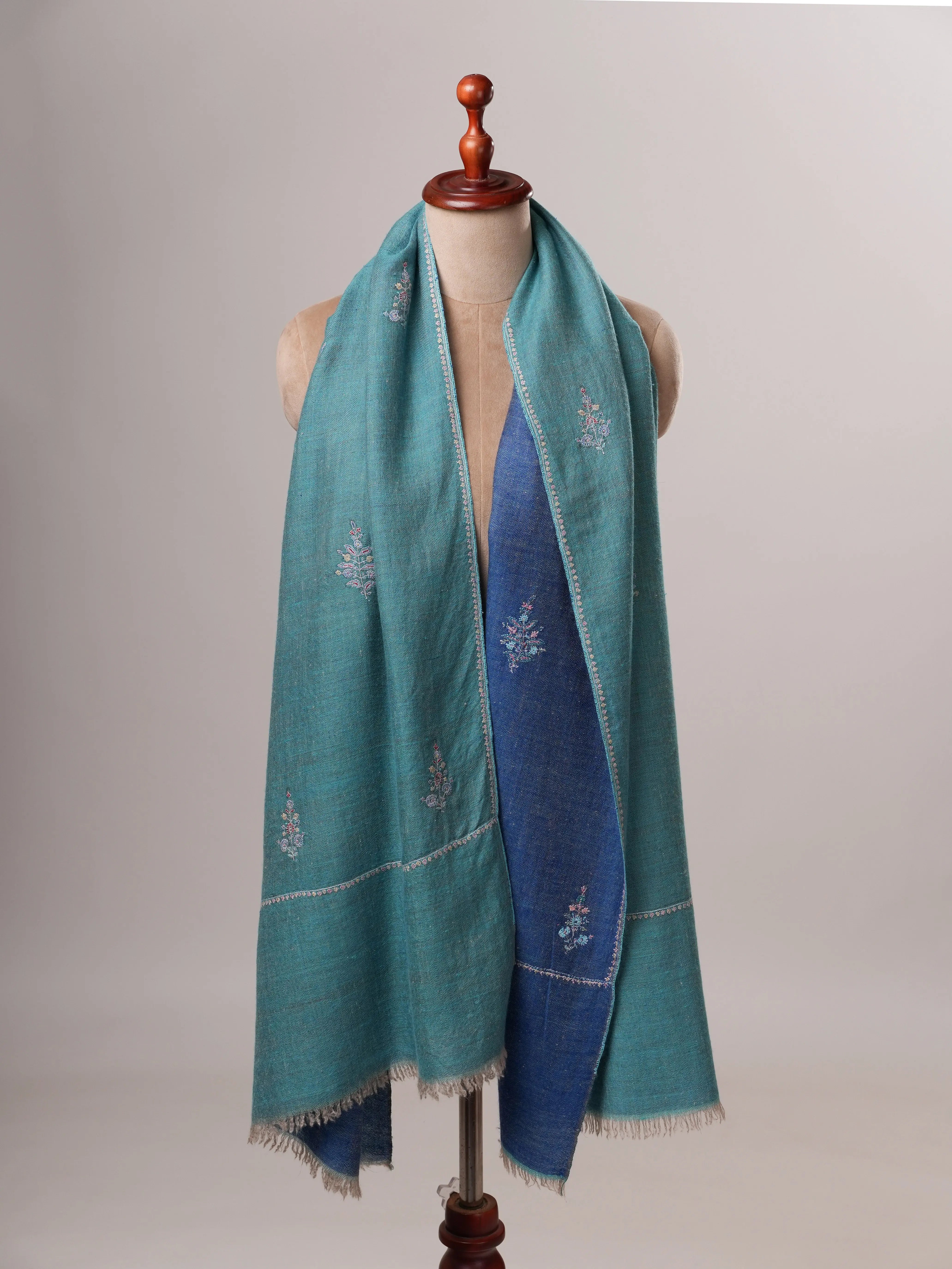 Artisan Crafted Dark Blue and Turquoise Cashmere Scarf with Hand-Embroidered Buteh Shahkaar