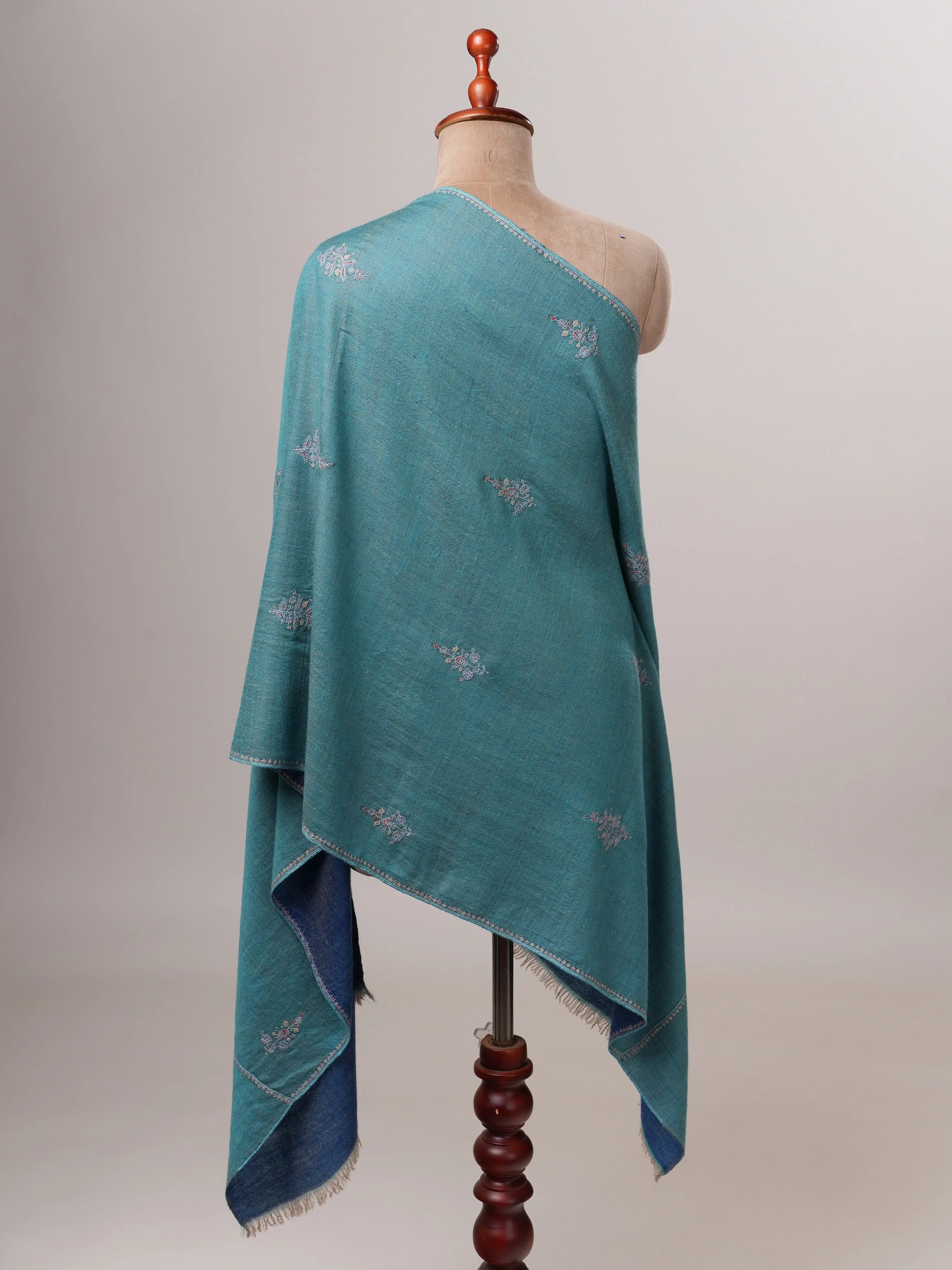 Artisan Crafted Dark Blue and Turquoise Cashmere Scarf with Hand-Embroidered Buteh Shahkaar
