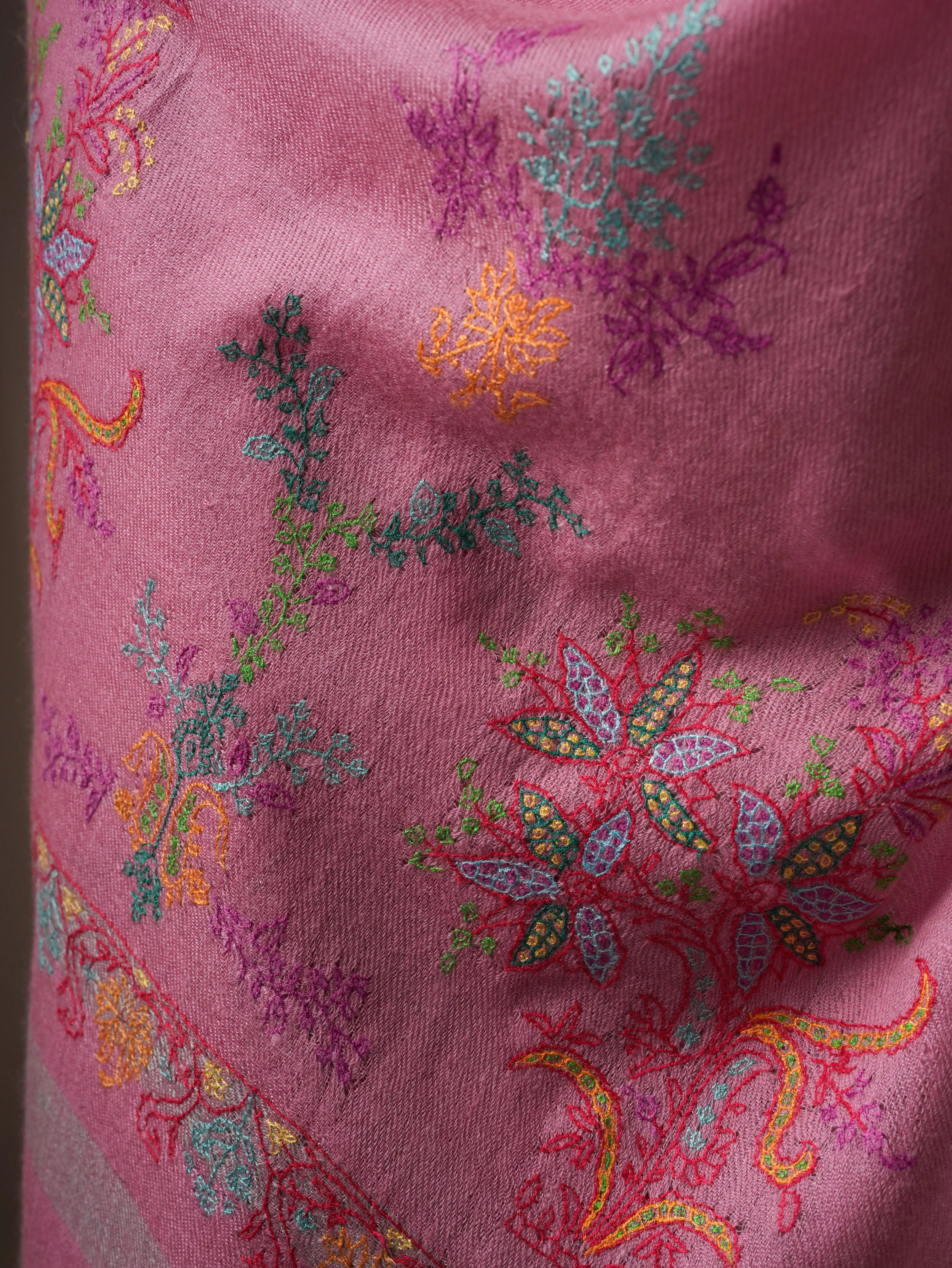 Artisan Crafted Dark Pink Cashmere Wrap with Vibrant Palla Motifs Shahkaar