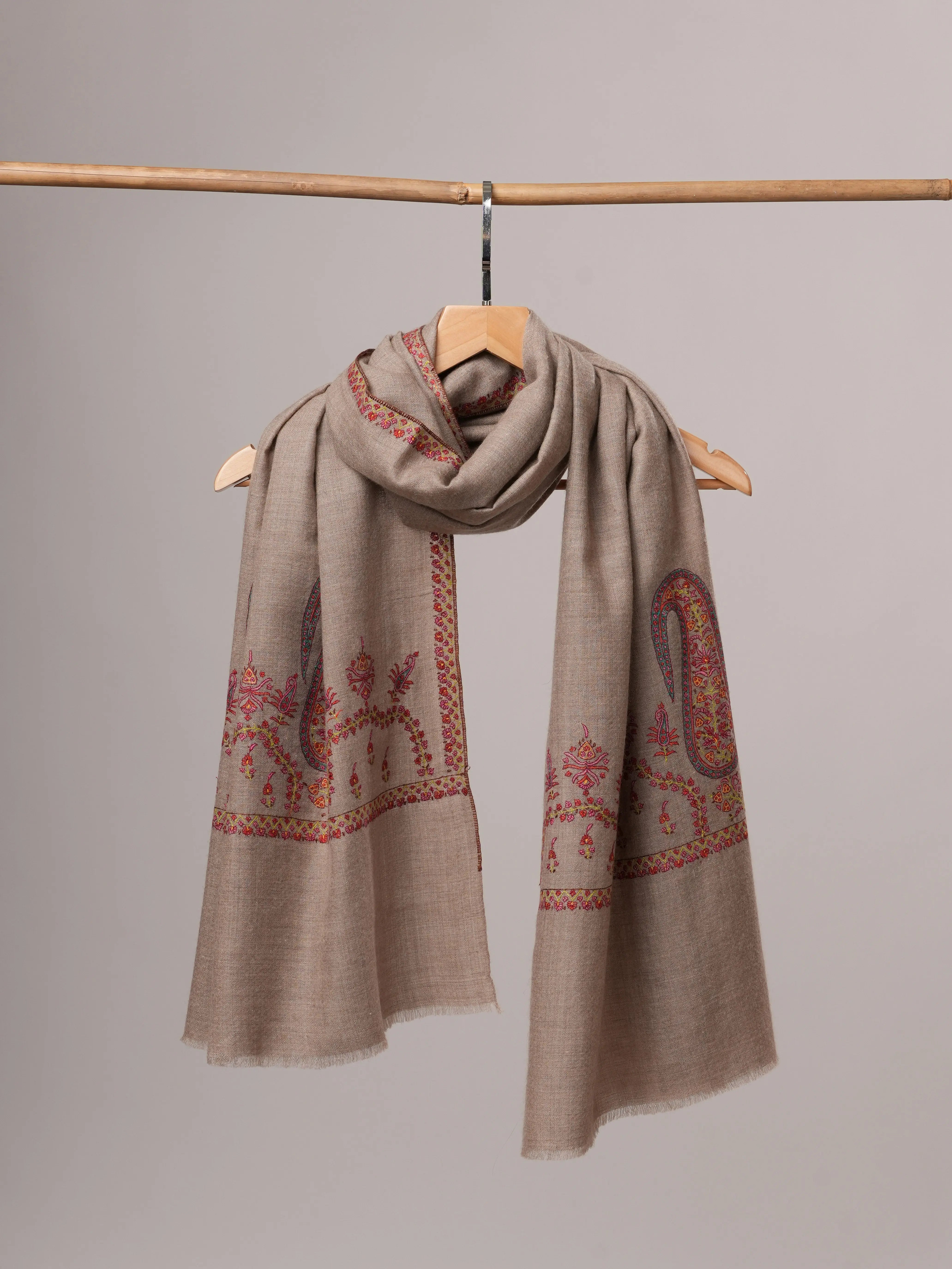 Artisan Crafted Grey Cashmere Scarf Featuring Detailed Palla Handwork Shahkaar