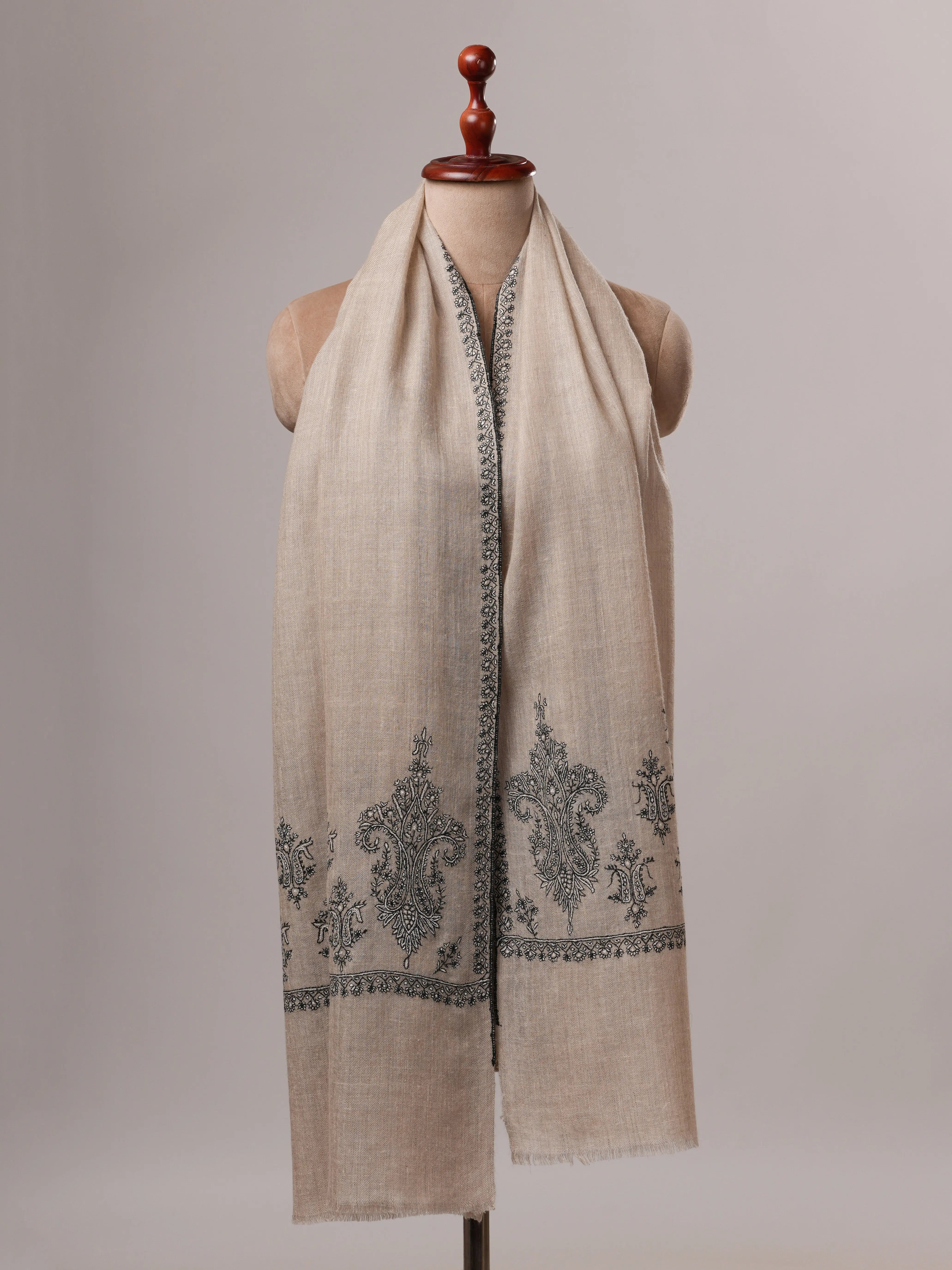 Artisan Crafted Grey Pure Cashmere Scarf Featuring Hand Embroidered Palla Shahkaar