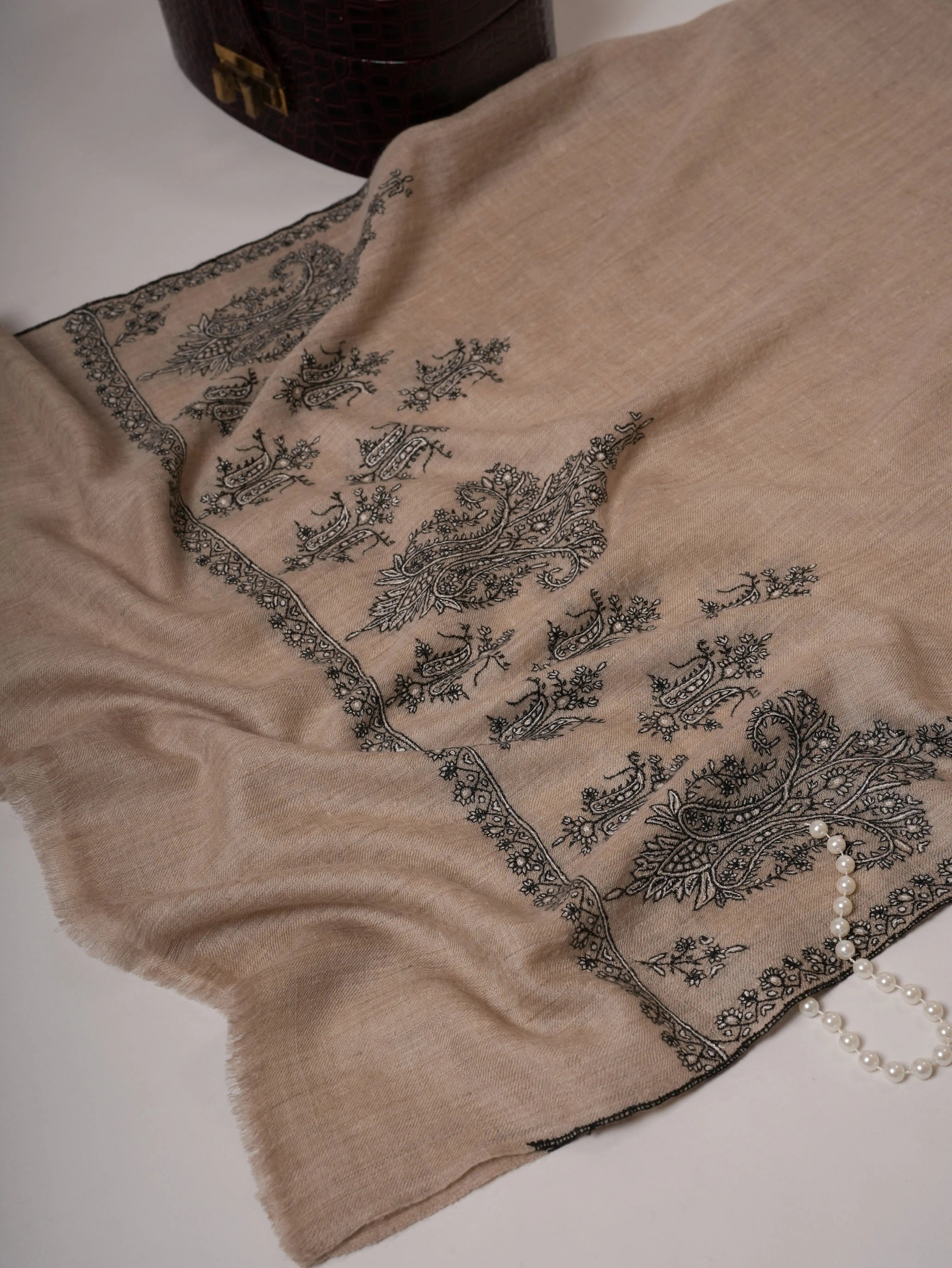 Artisan Crafted Grey Pure Cashmere Scarf Featuring Hand Embroidered Palla Shahkaar