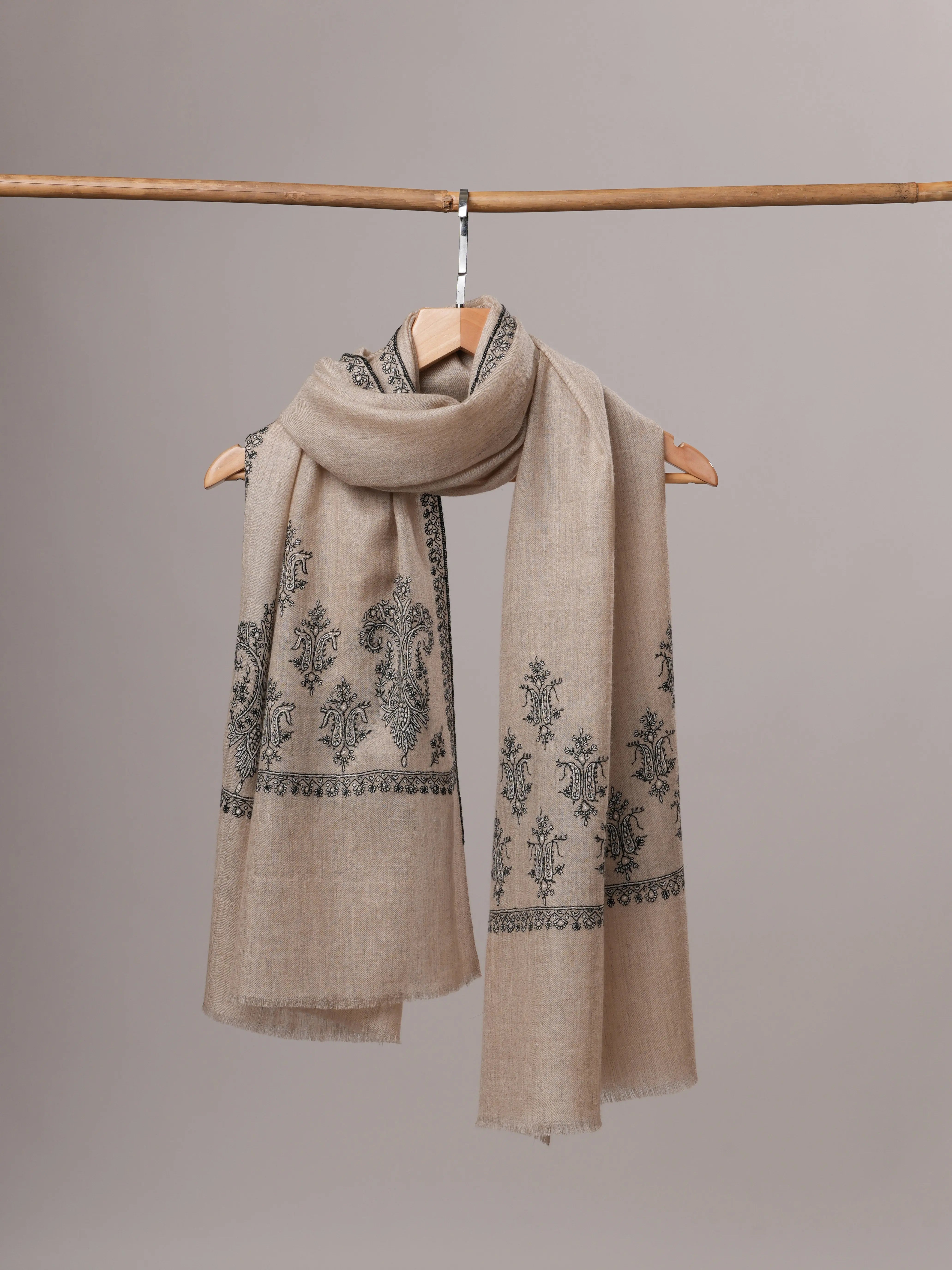 Artisan Crafted Grey Pure Cashmere Scarf Featuring Hand Embroidered Palla Shahkaar