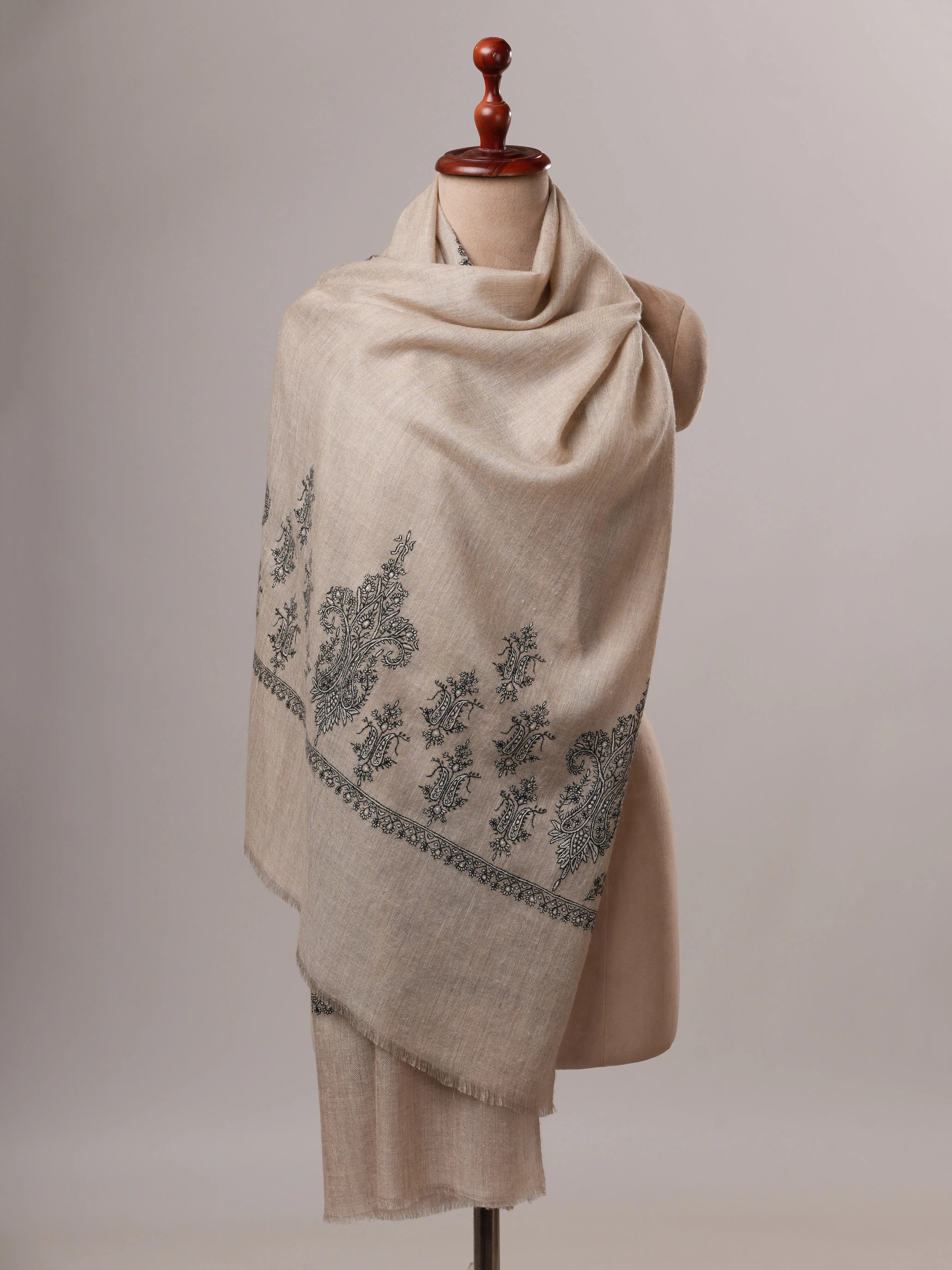 Artisan Crafted Grey Pure Cashmere Scarf Featuring Hand Embroidered Palla Shahkaar