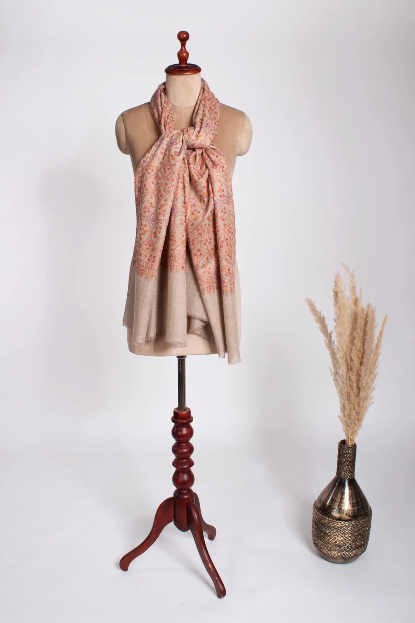 Artistic Grey with Orange Embroidered Cashmere Scarf - ASHBURTON Shahkaar