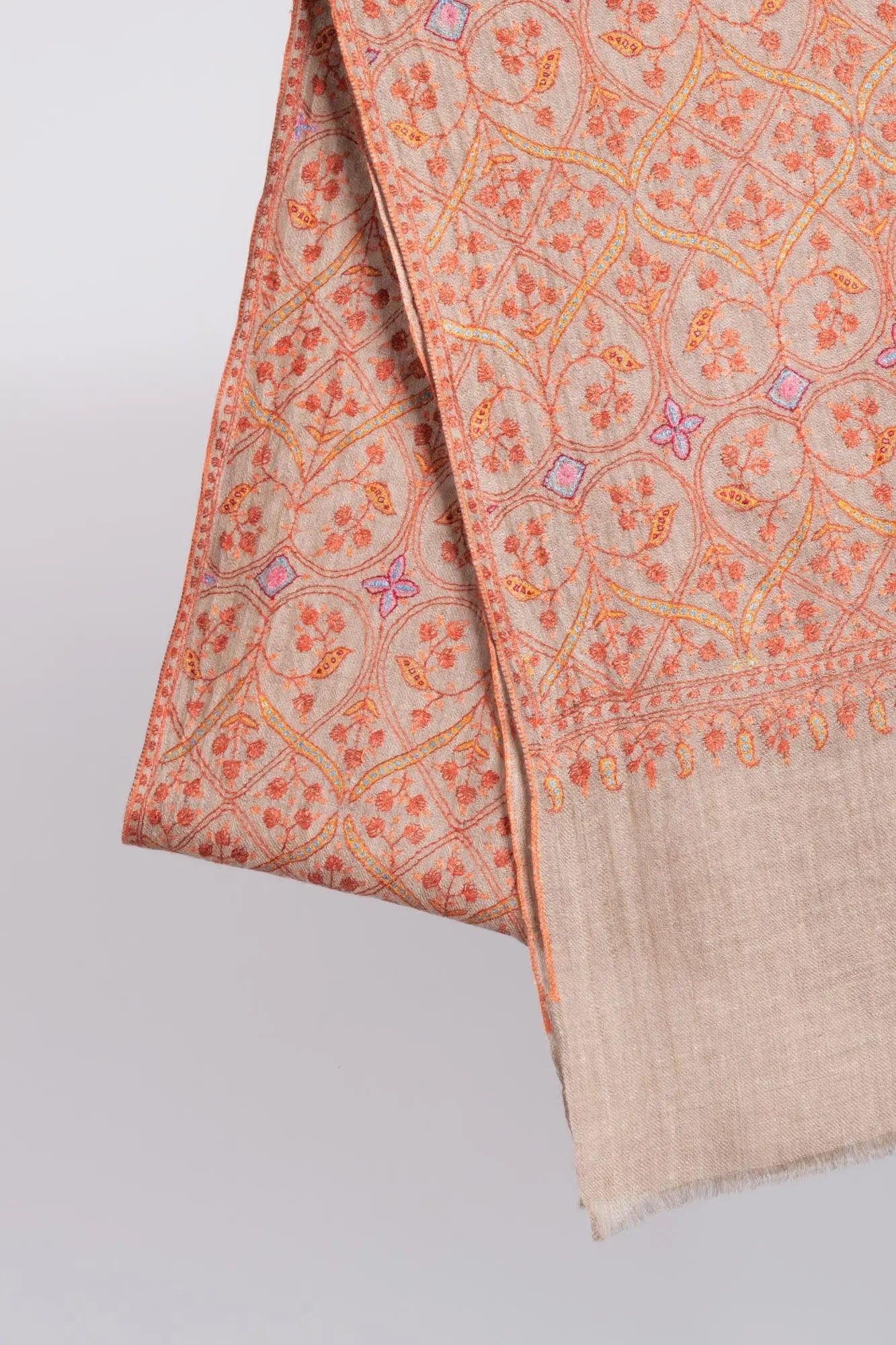 Artistic Grey with Orange Embroidered Cashmere Scarf - ASHBURTON Shahkaar