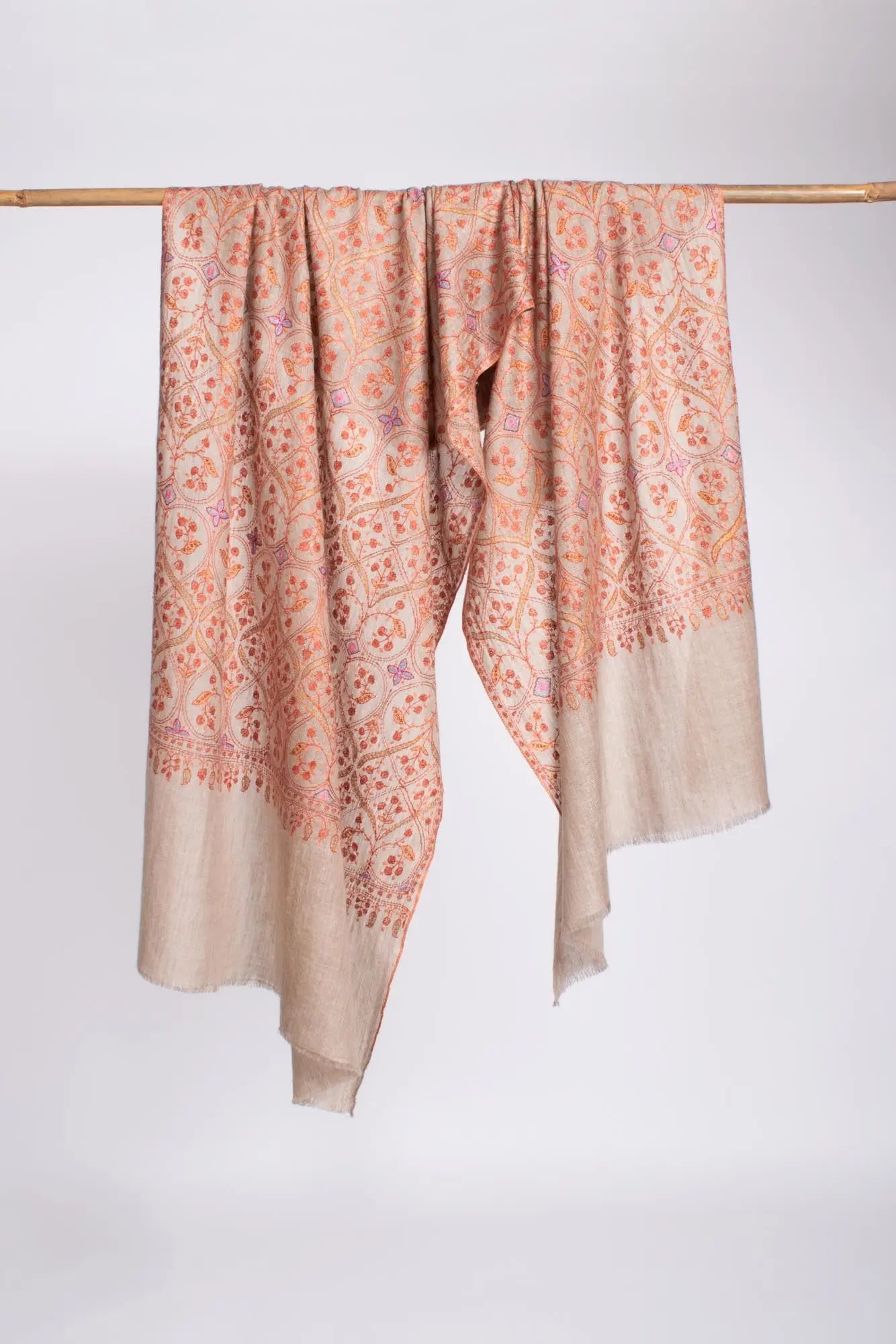 Artistic Grey with Orange Embroidered Cashmere Scarf - ASHBURTON Shahkaar