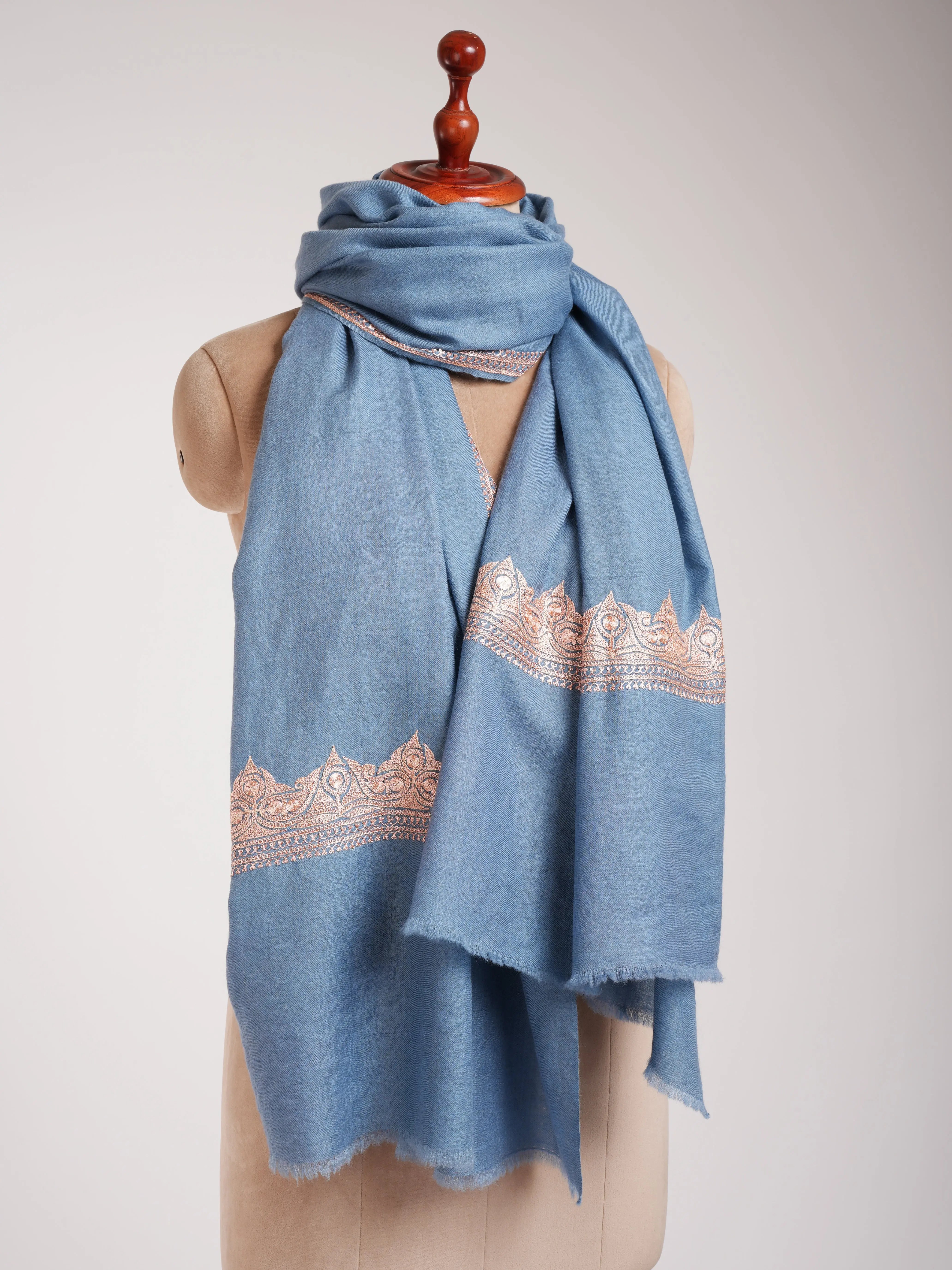 Artistic Tilla Embroidery Sky Blue Kashmiri Pashmina Shawl Shahkaar
