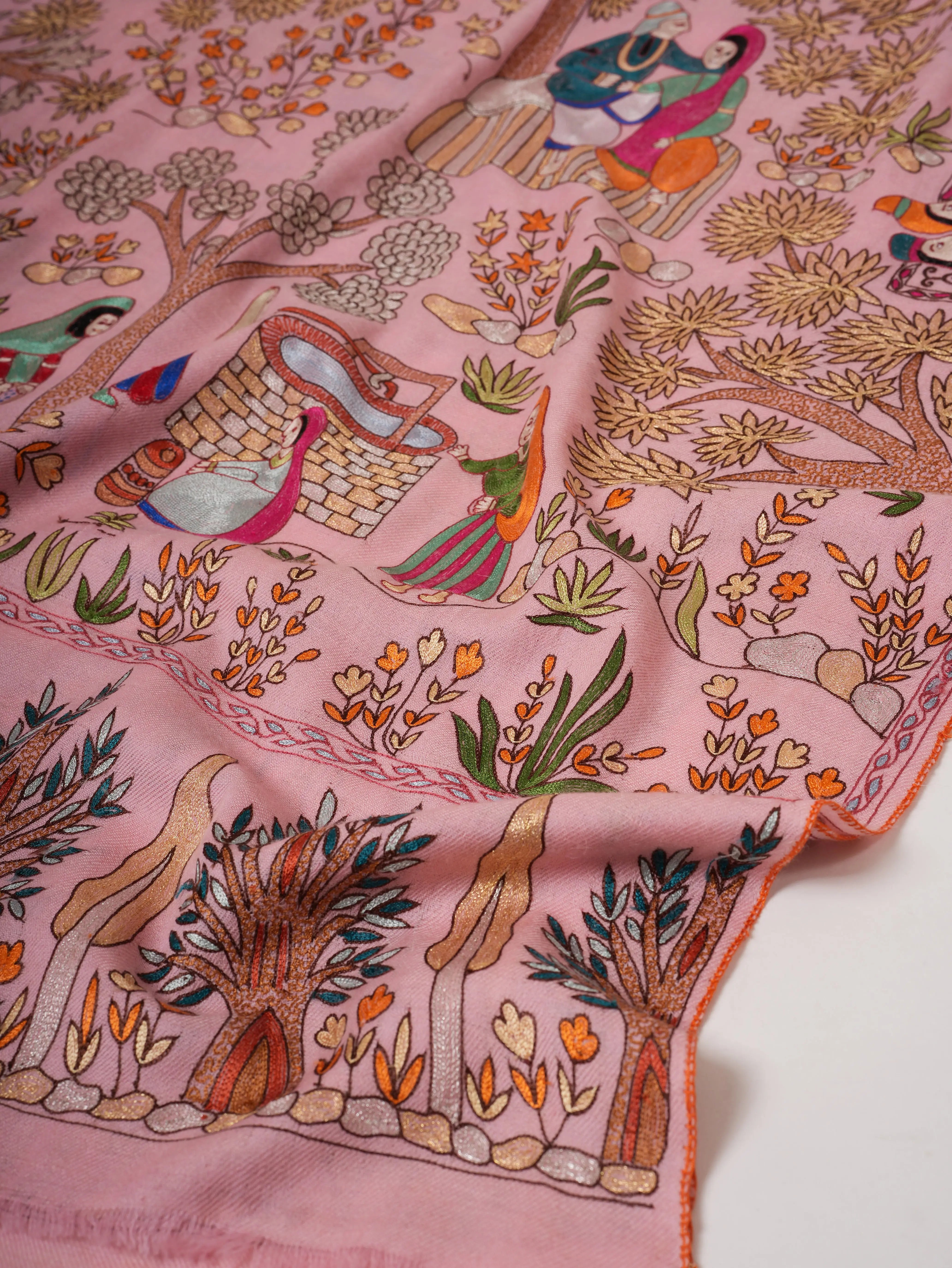 Baby Pink Hand Embroidered Artistic Cashmere Scarf Shahkaar