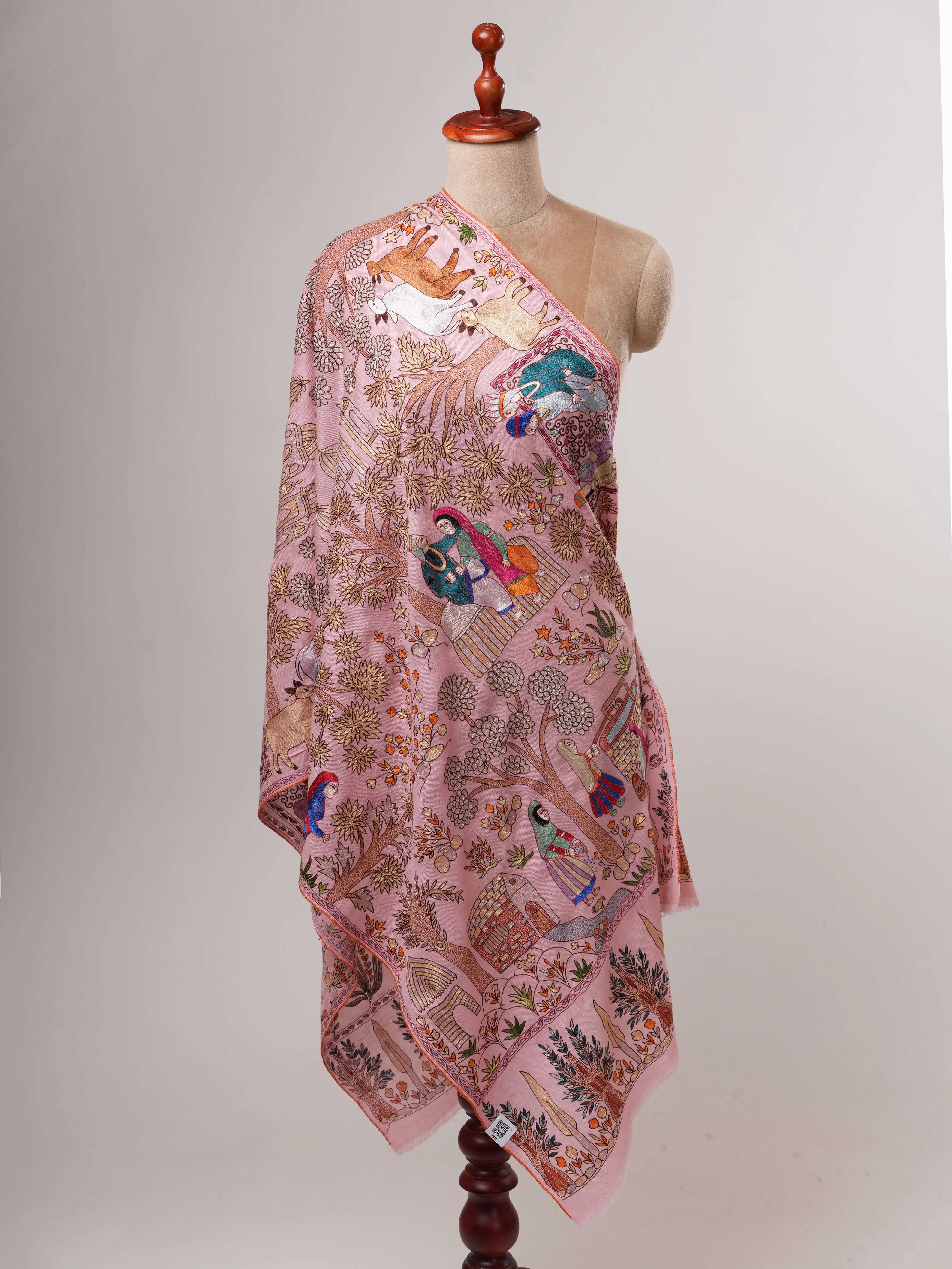 Baby Pink Hand Embroidered Artistic Cashmere Scarf Shahkaar