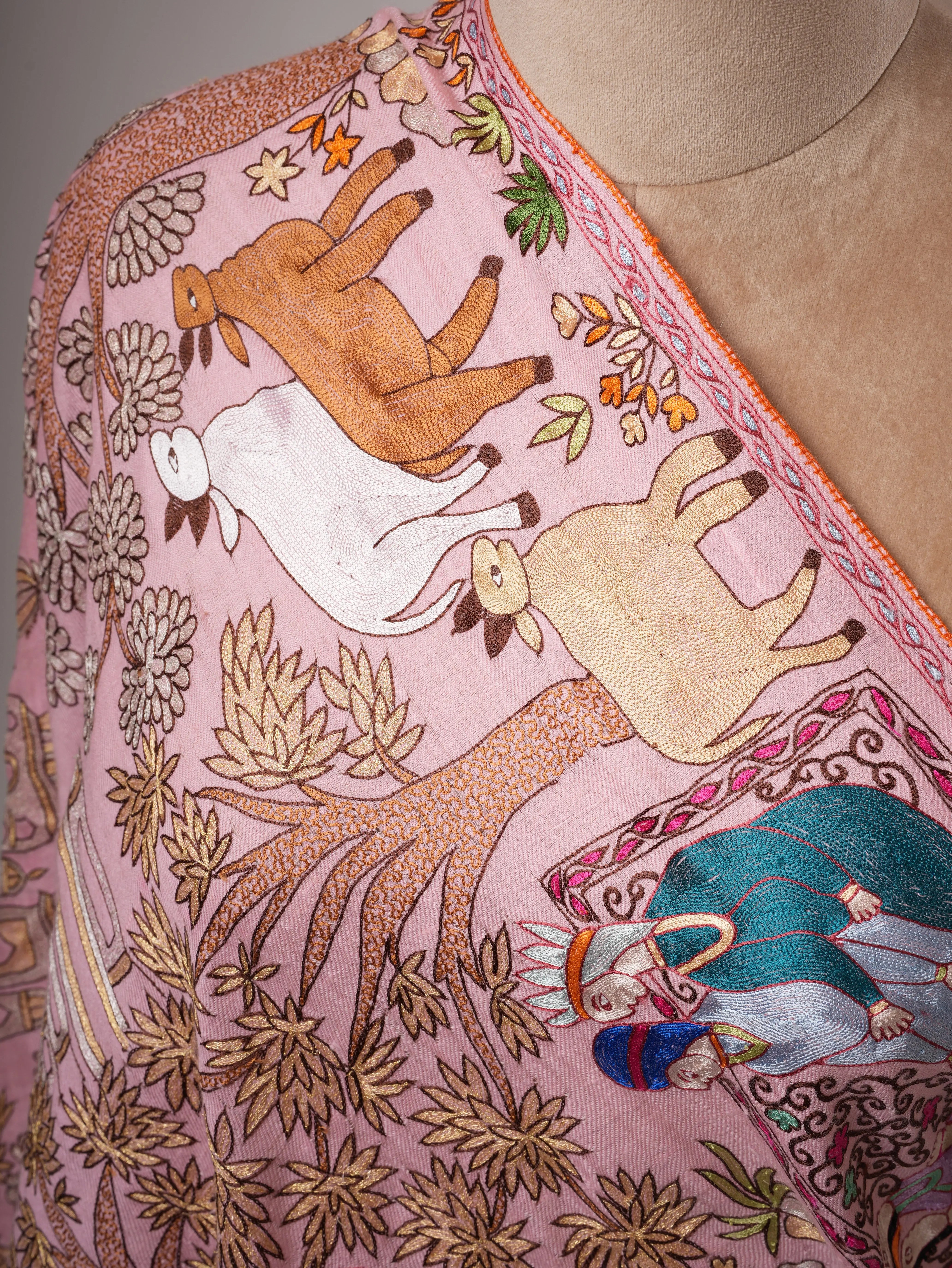 Baby Pink Hand Embroidered Artistic Cashmere Scarf Shahkaar