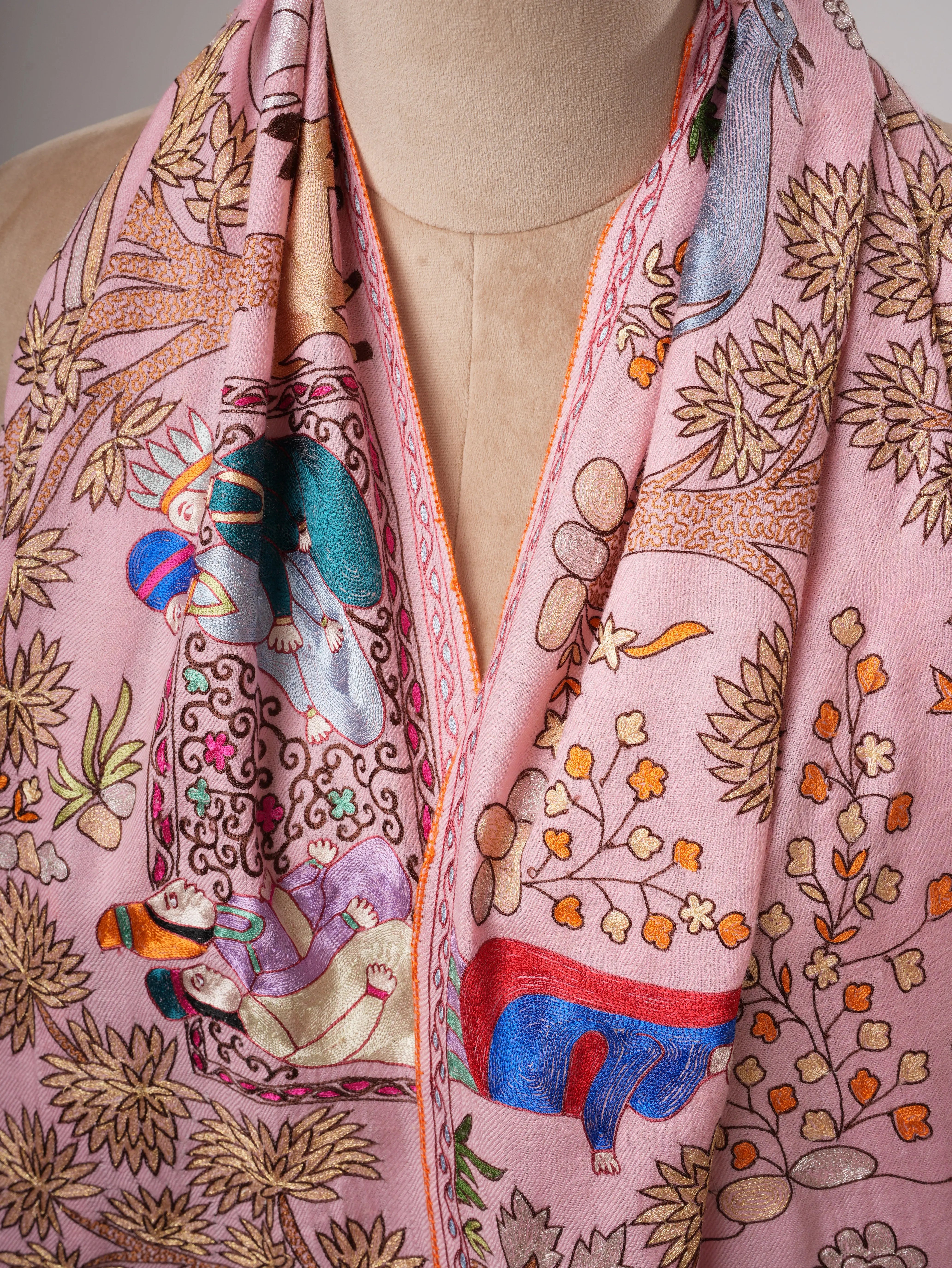 Baby Pink Hand Embroidered Artistic Cashmere Scarf Shahkaar
