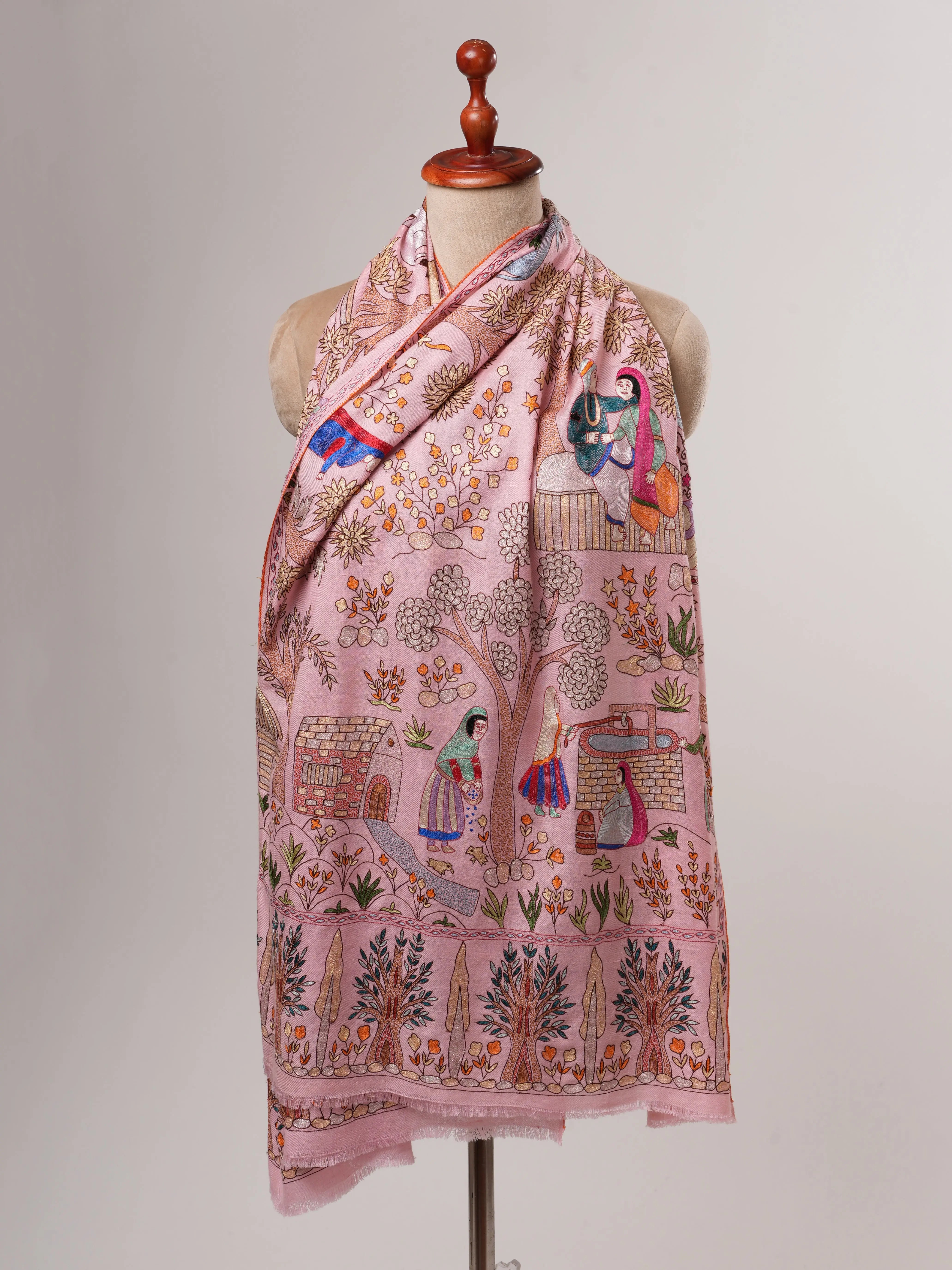 Baby Pink Hand Embroidered Artistic Cashmere Scarf Shahkaar