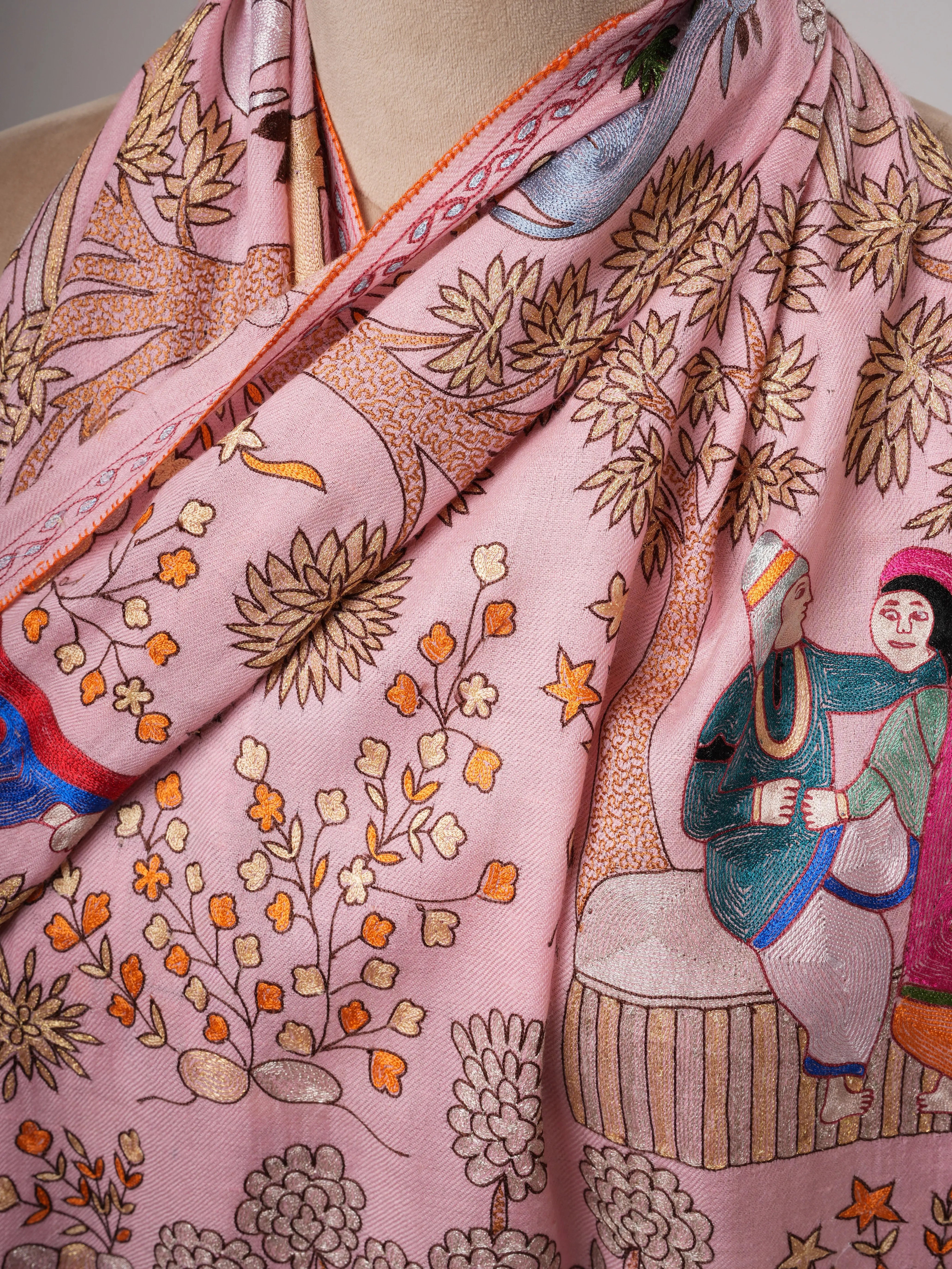 Baby Pink Hand Embroidered Artistic Cashmere Scarf Shahkaar