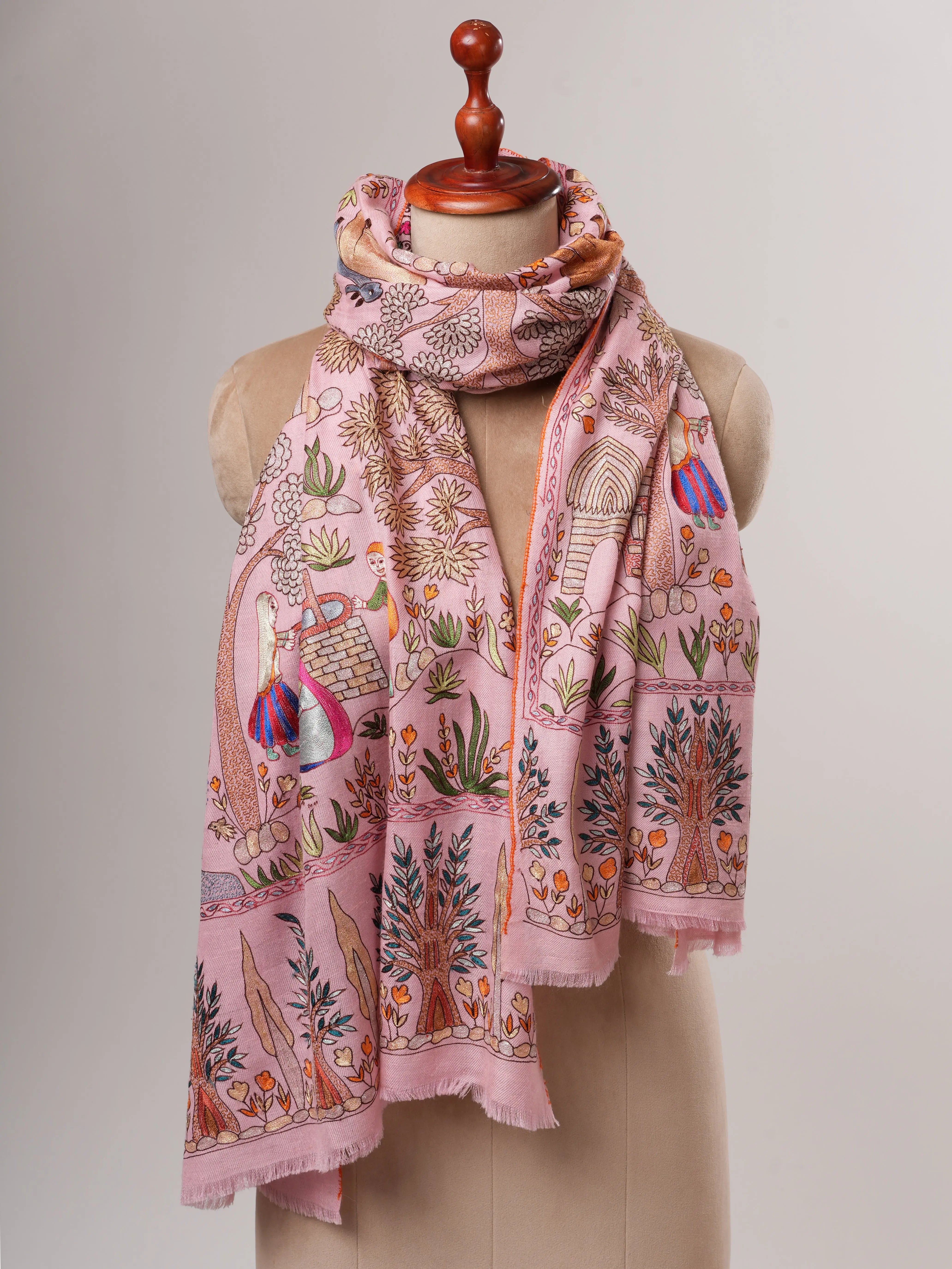 Baby Pink Hand Embroidered Artistic Cashmere Scarf Shahkaar
