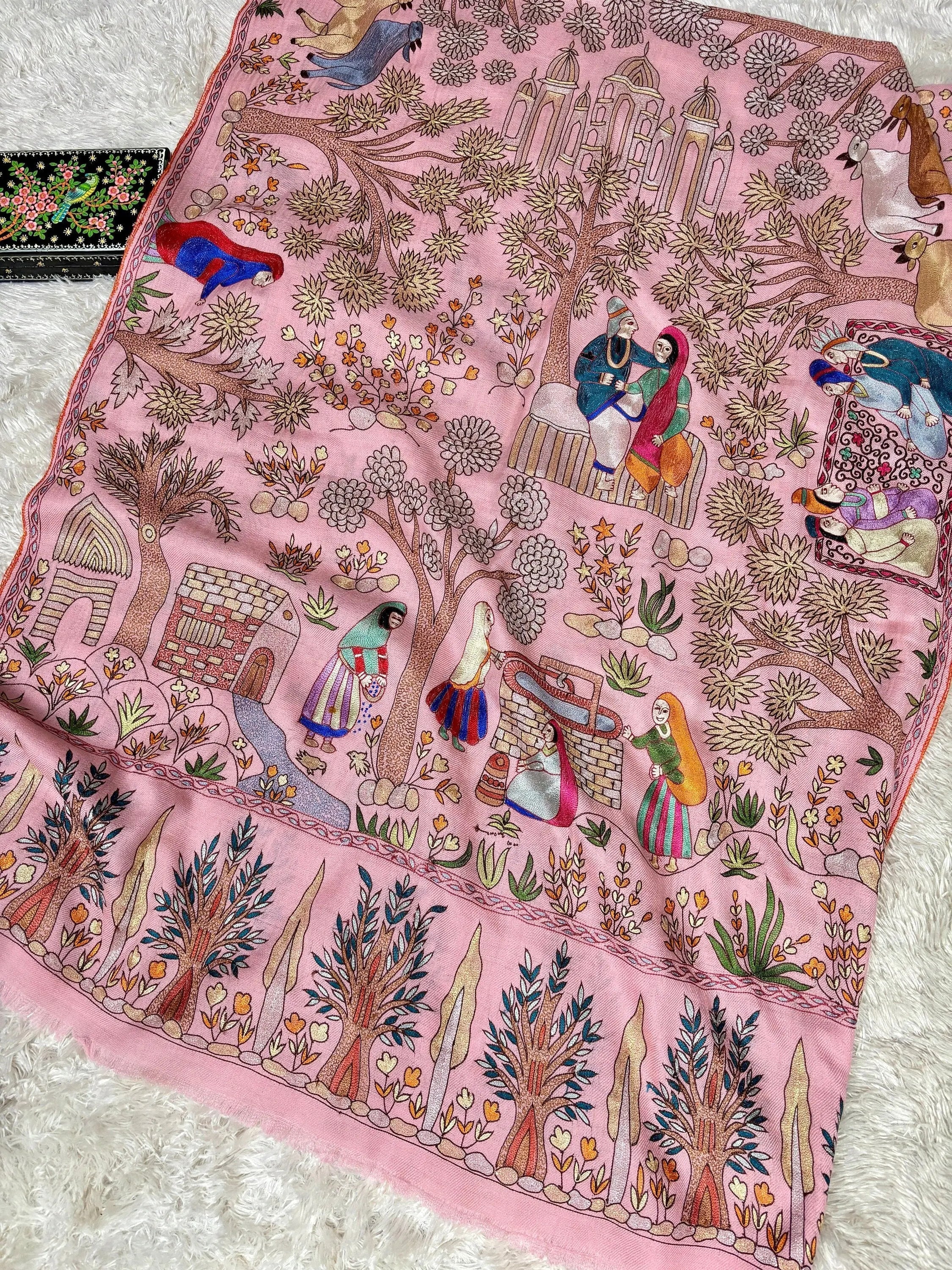 Baby Pink Hand Embroidered Artistic Cashmere Scarf Shahkaar