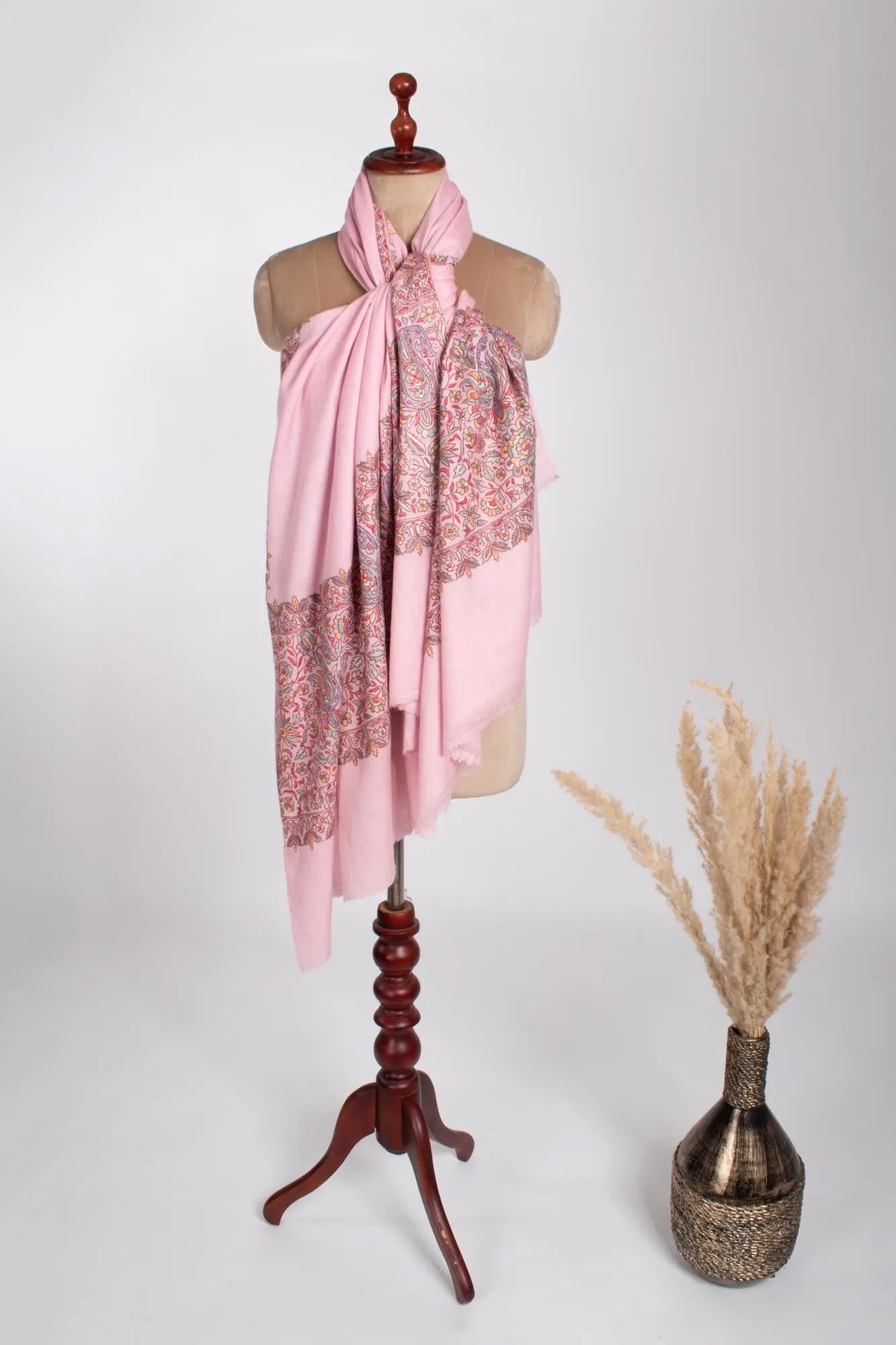 Baby Pink Papermachie Embroidered Pashmina - DAUSA Shahkaar