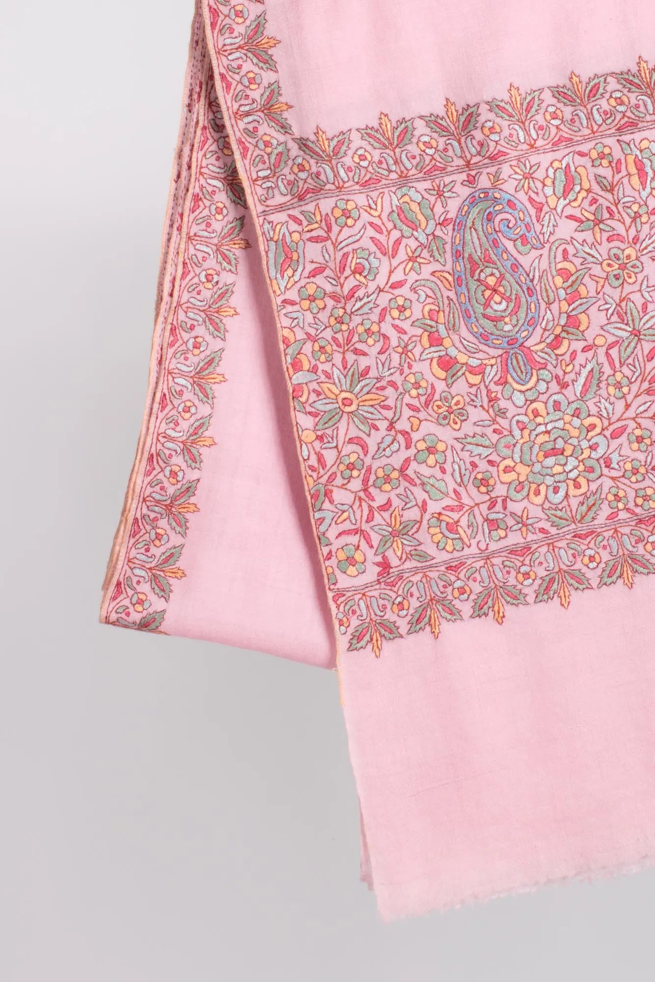 Baby Pink Papermachie Embroidered Pashmina - DAUSA Shahkaar