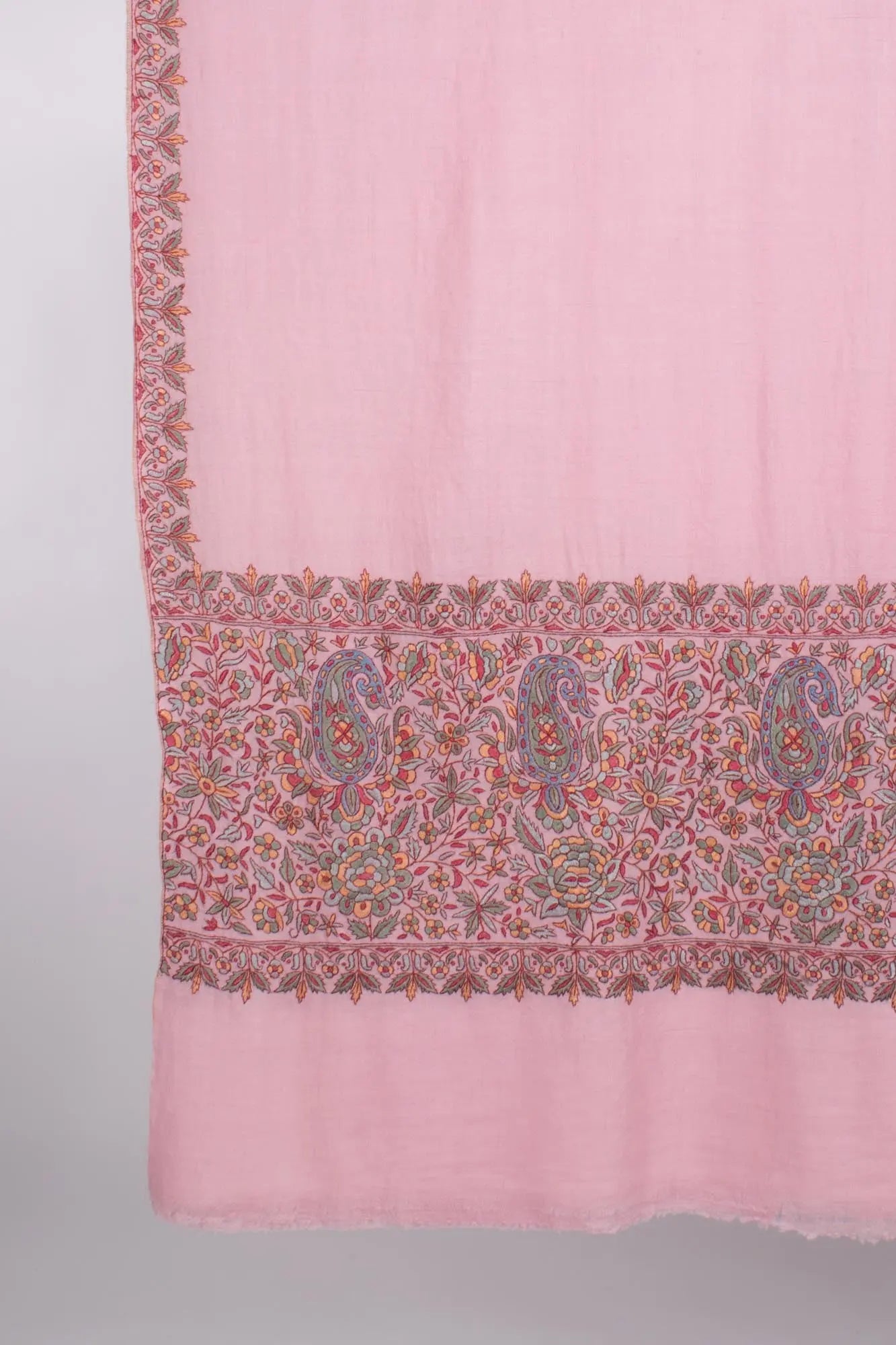 Baby Pink Papermachie Embroidered Pashmina - DAUSA Shahkaar